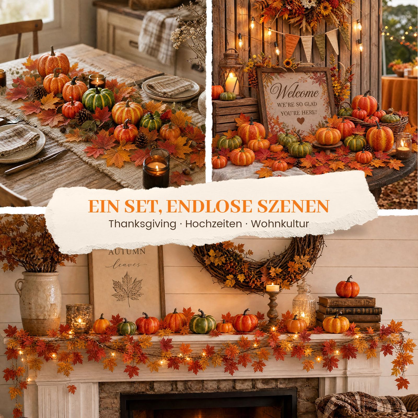 HAKACC Künstliches Kürbissse Set, 8 Verschiedene Gefälschte Kürbisse mit 30 Blatt Künstlichen Ahornblättern für Thanksgiving-Halloween-Party-Dekoration