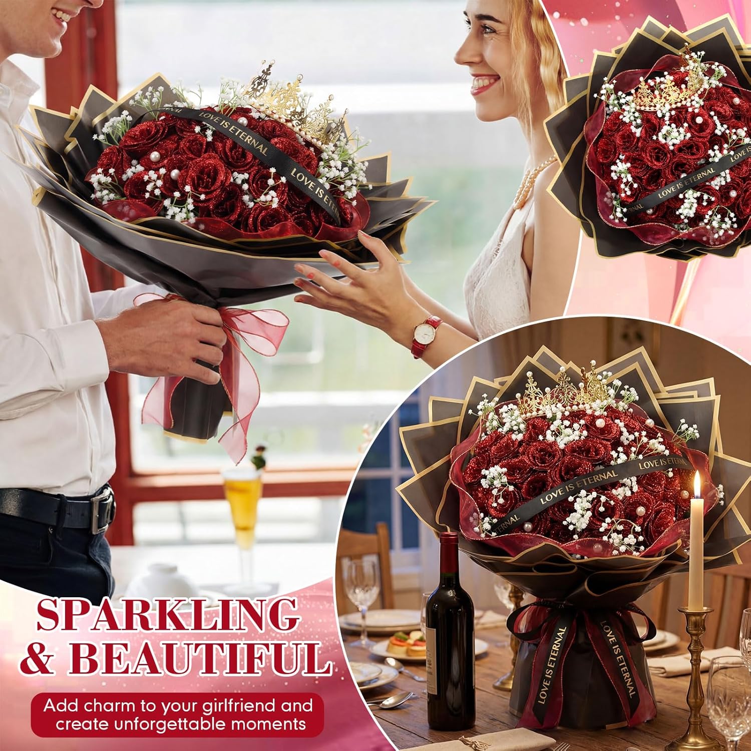 52 Pcs Glittery Roses Bouquet, DIY Fake Flowers Gypsophila Bouquet Artificial Roses Wrapping Paper Crown Ribbon for Christmas Valentines Mother's Day Birthday Wedding Gifts(Red) - Image 5