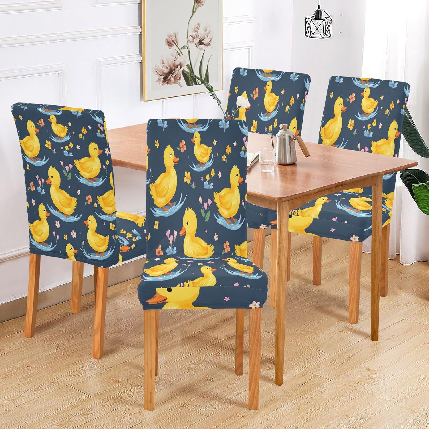 ALAZA Chair Covers for Dining Room, Duck Flower Pattern Stretch Chair Cover Sets Chair Protector Removable Washable for Ktichen Restaurant Hotel