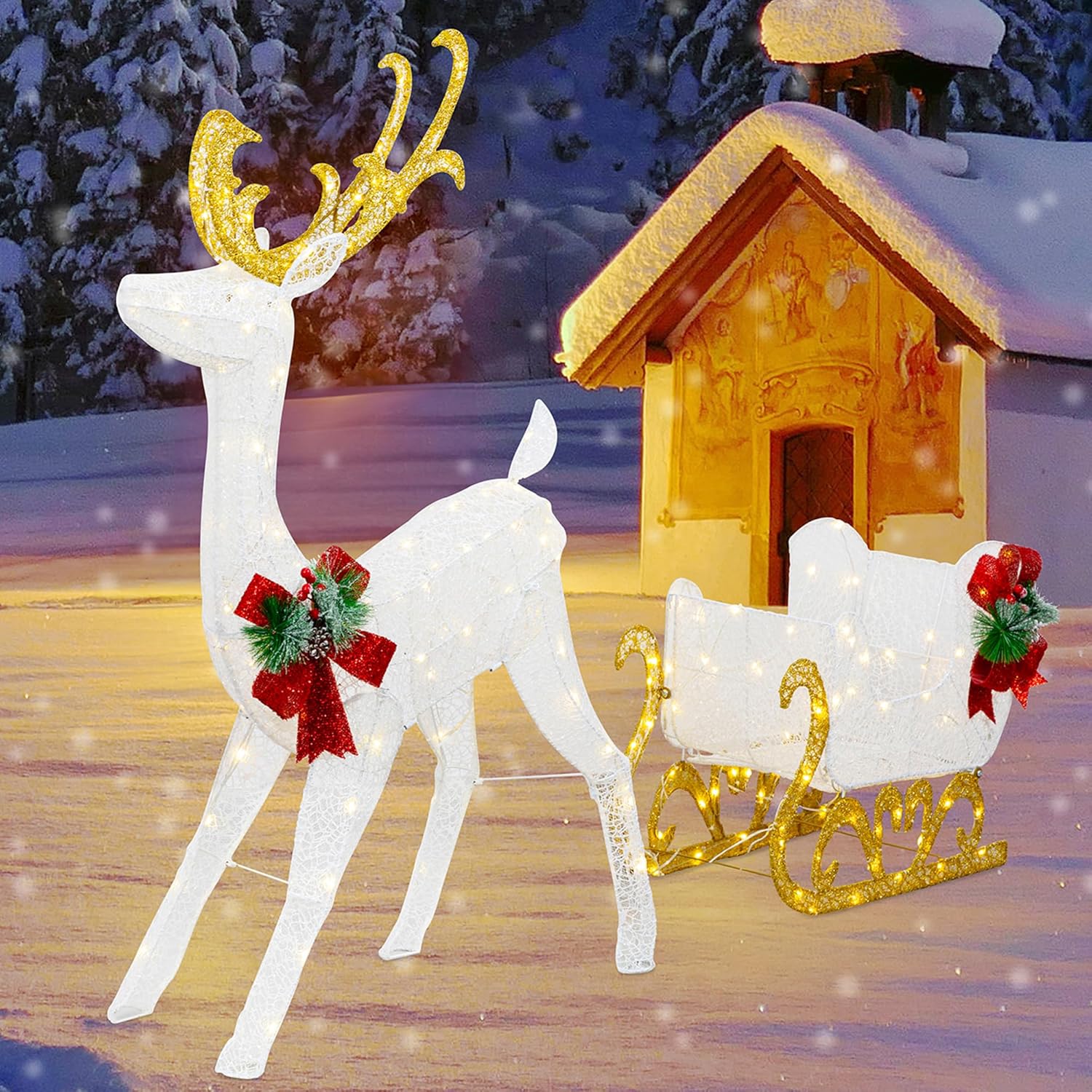 Meilocar 4FT Christmas Decorations Reindeer and Sleigh