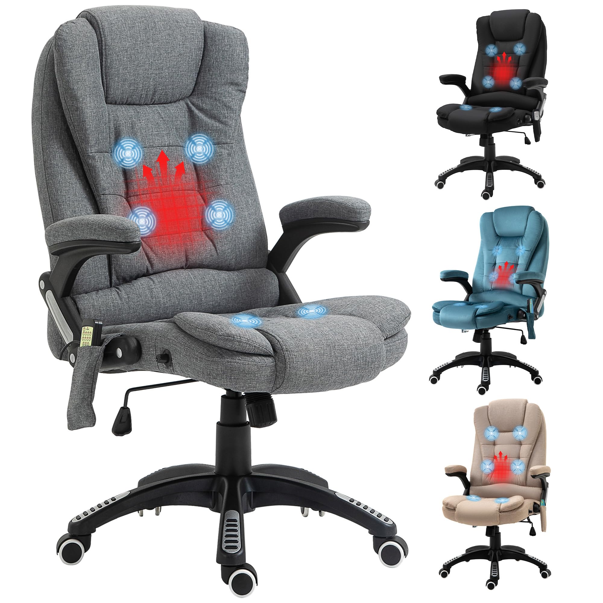 Vinsetto Silla de Oficina con Masaje Vibratorio de 6 Puntos Silla de Escritorio Giratoria con Función Basculante con Calefacción Altura Ajustable Respaldo Reclinable y Mando a Distancia Gris