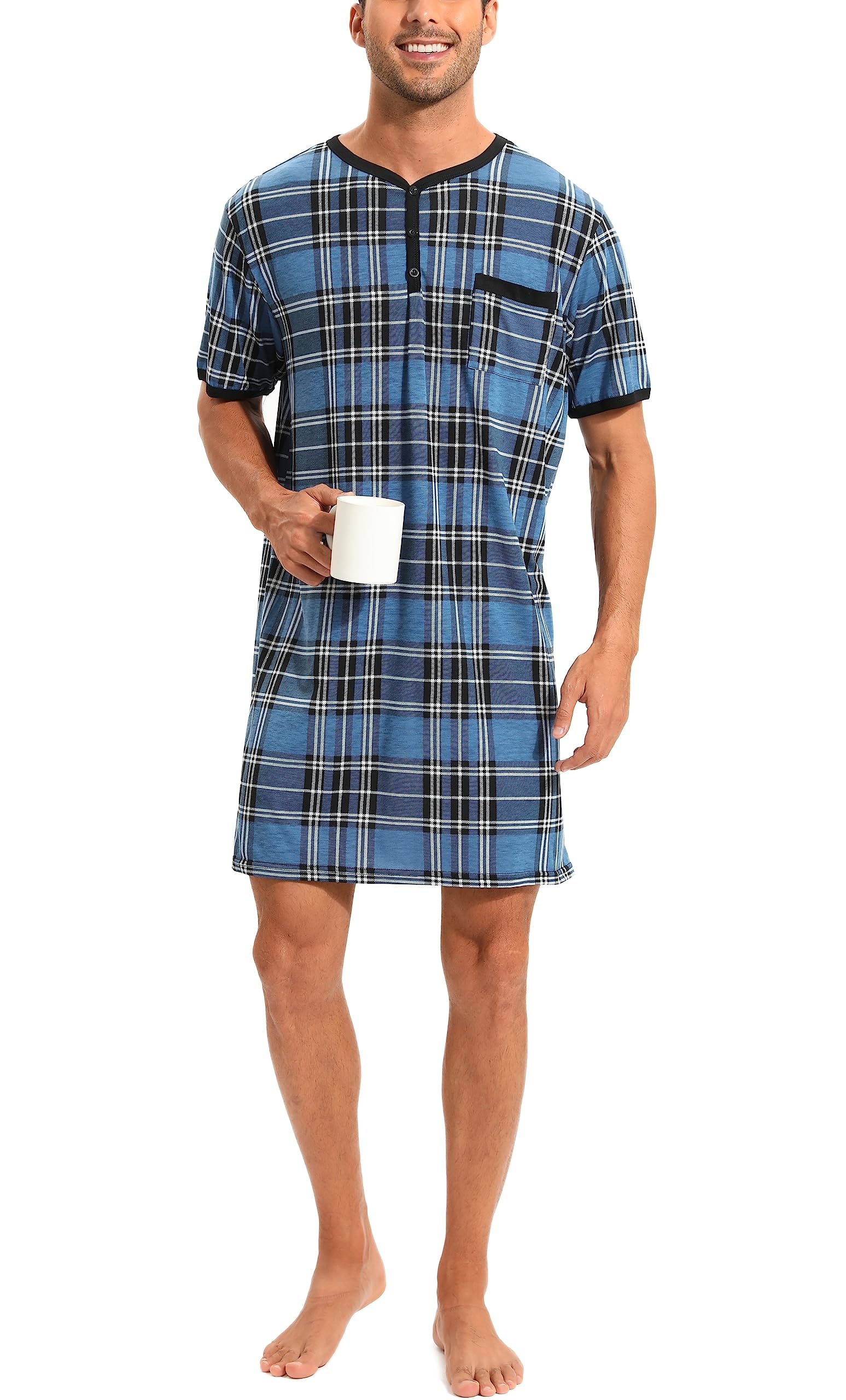 Chemise de Nuit Homme Pyjama Manches Courtes Hauts de Pyjama Homme Tee-Shirt Long Col Rond avec Boutons Vêtements d'Intérieur T-Shirt Grande Taille Douce Confortable