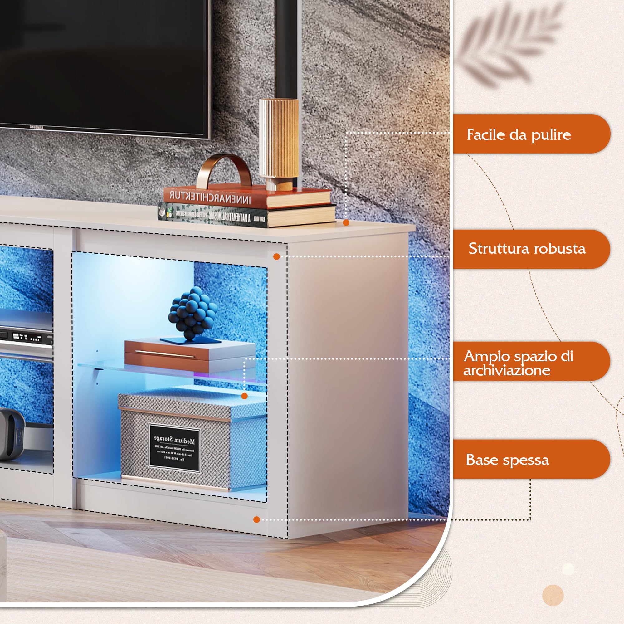 WLIVE Mobile TV LED 166 cm, Lowboard Bianco con Illuminazione a 22 Modalità e Scomparti Aperti, Porta TV per Televisori fino a 75 Pollici, Mobiletto con Ripiani in Vetro Regolabili per Soggiorno