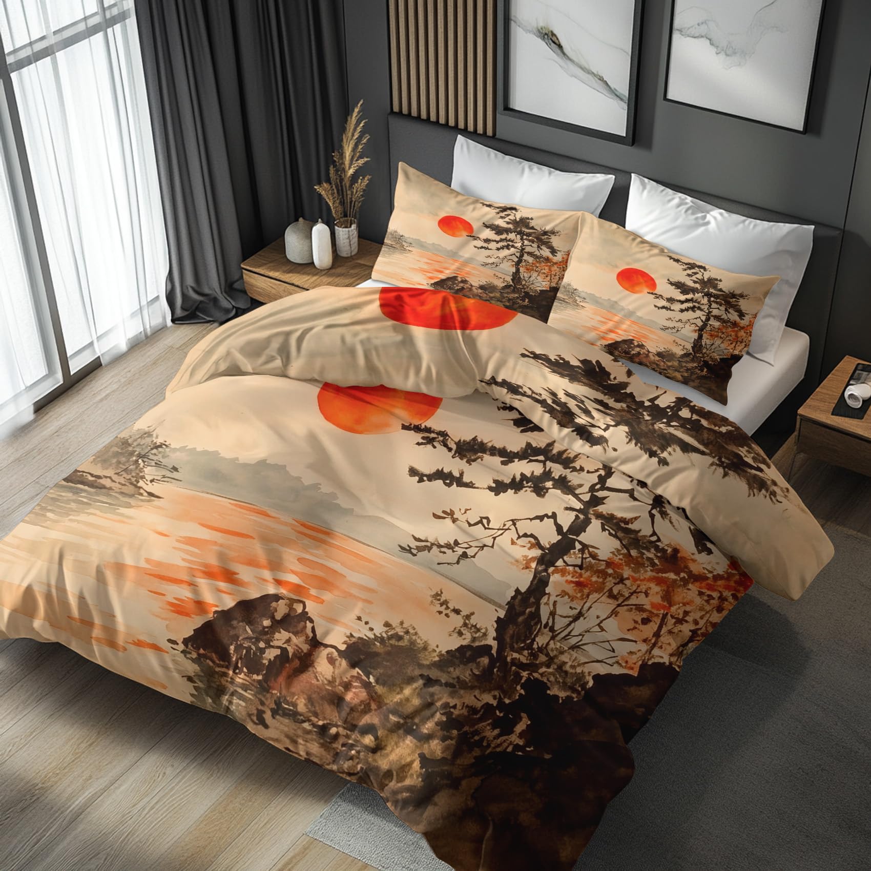 Generisch Bettwäsche Japanisch 140x200, Asiatisch Japan Landschaft Motiv Wendebettwäsche & Deko, Weiche Microfaser Bettbezug mit Reißverschluss und 1 Kissenbezug 70x90, 2tlg - ASD6915