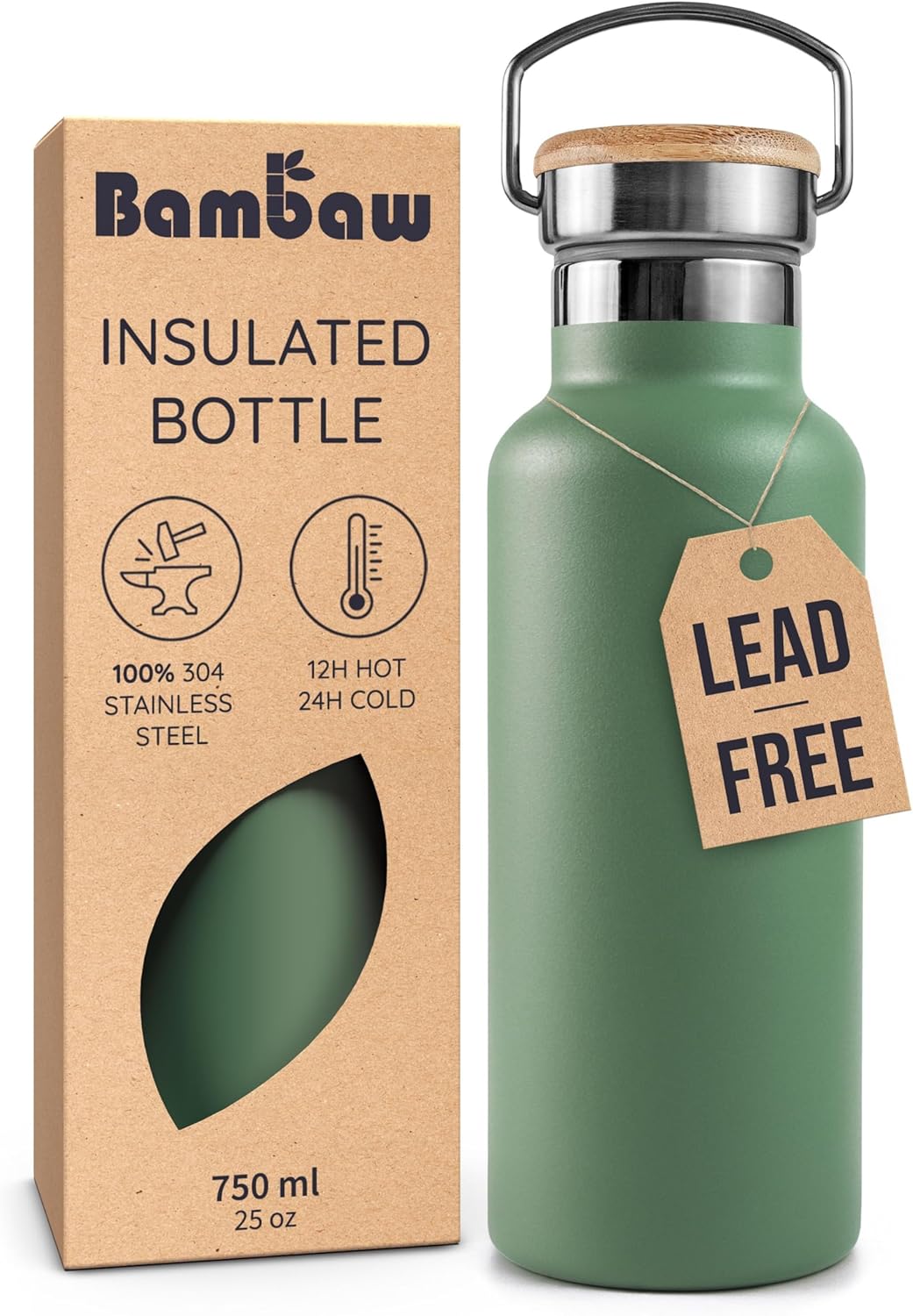 Bambaw 24 oz Insulated Water Bottle, Green Water Bottle Stainless Steel, Refillable Water Bottle, Dishwasher Safe Water Bottle, Metal Water Bottle No Straw, Double Walled Water Bottle – Sage Green