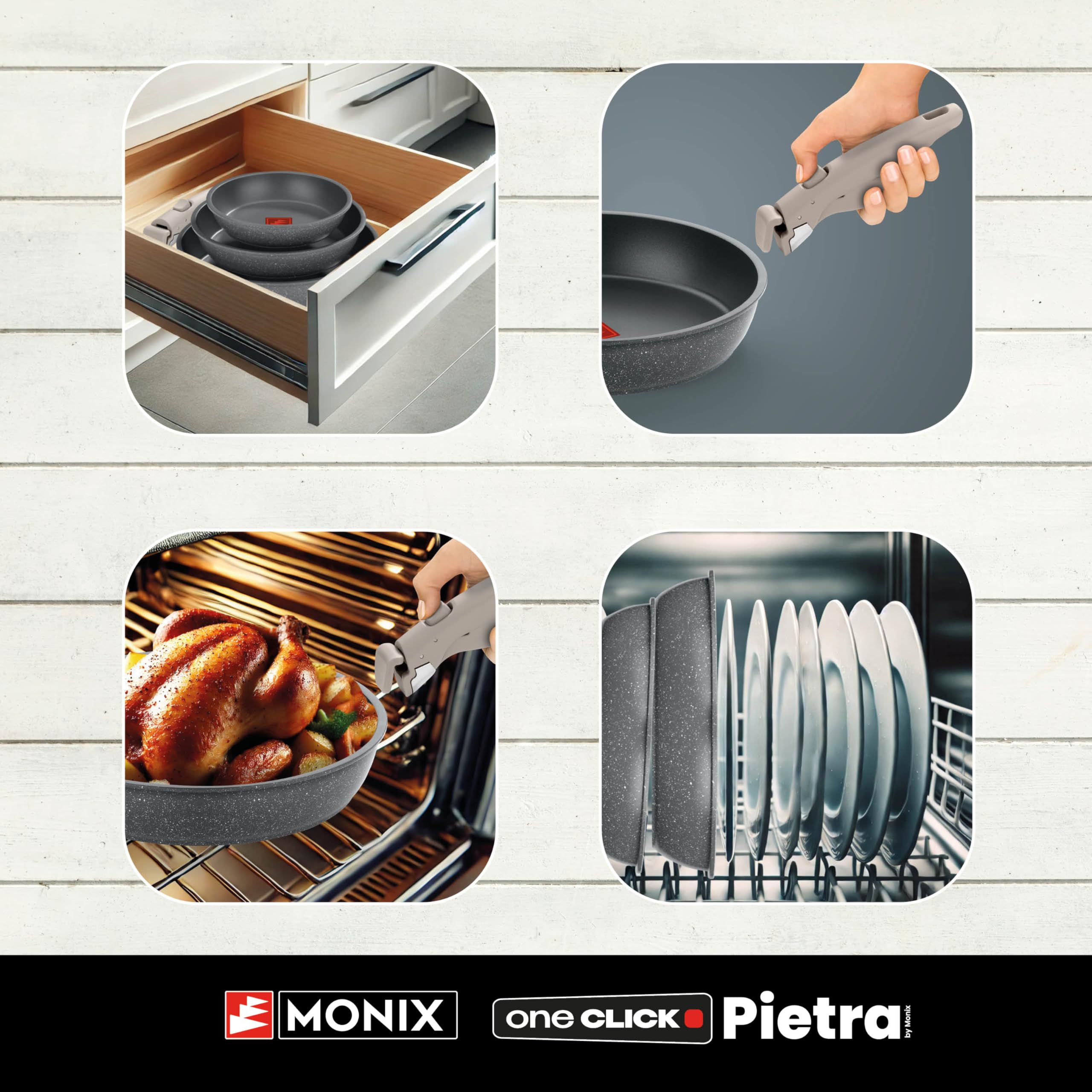 Monix One Click Pietra | Set 3 sartenes apilables, 20-24-26 cm, Antiadherentes, Mango desmontable, Indicador Temperatura Thermonix, Sin PFOA, Apta para todo tipo de Cocinas