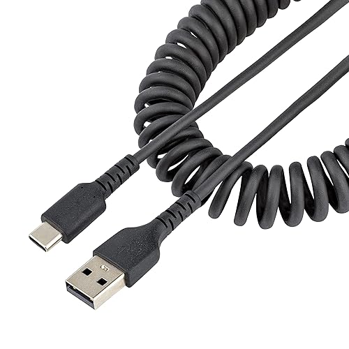 StarTech.com Cable de carga USB A a C de 3 pies, cable USB-C de carga rápida y sincronización en espiral, cable USB 2.0 A a tipo C, fibra de aramida