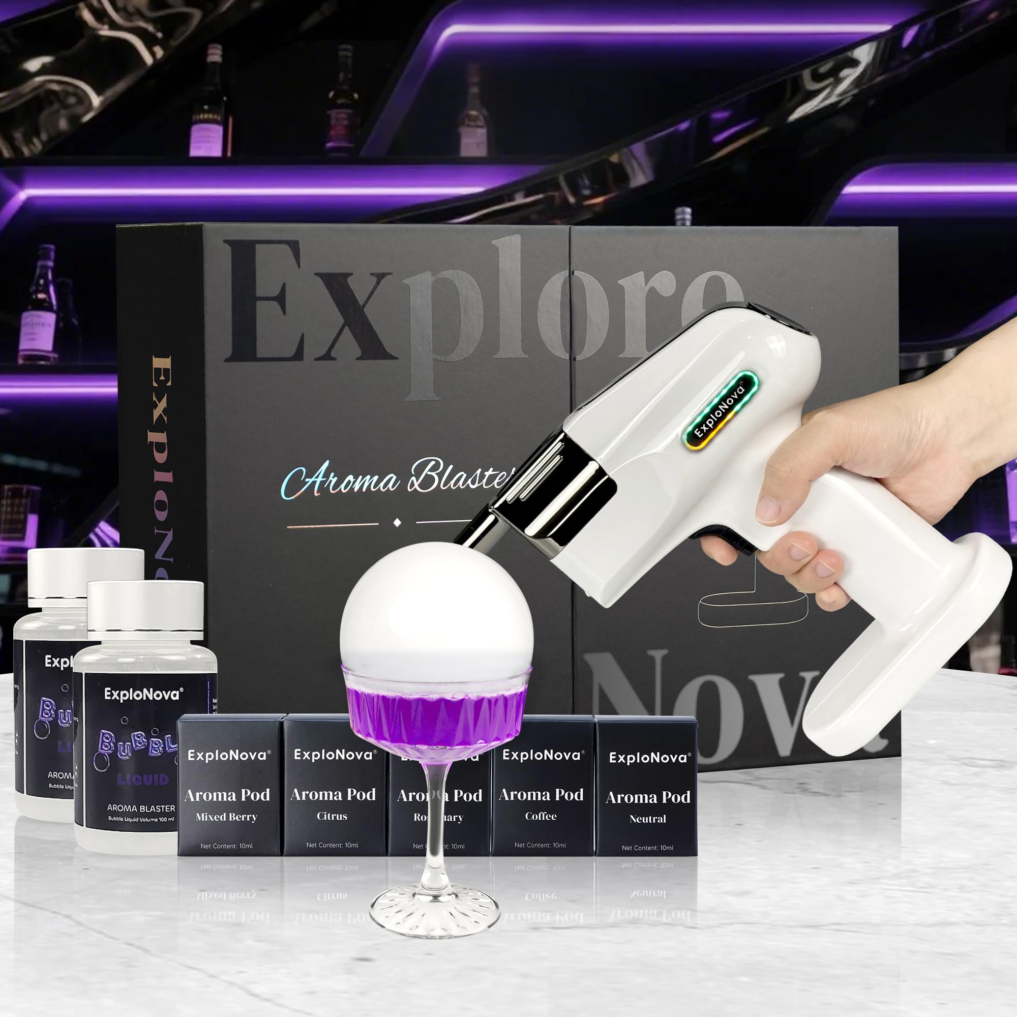 Aroma Blaster 2 Kit con 5 Pods Aroma Bolla commestibile Cocktail Bubble Smoke Gun, Whiskey Smoker Kit, perfetto per bar, feste e casa, ottimo regalo per padre e marito - Bianco