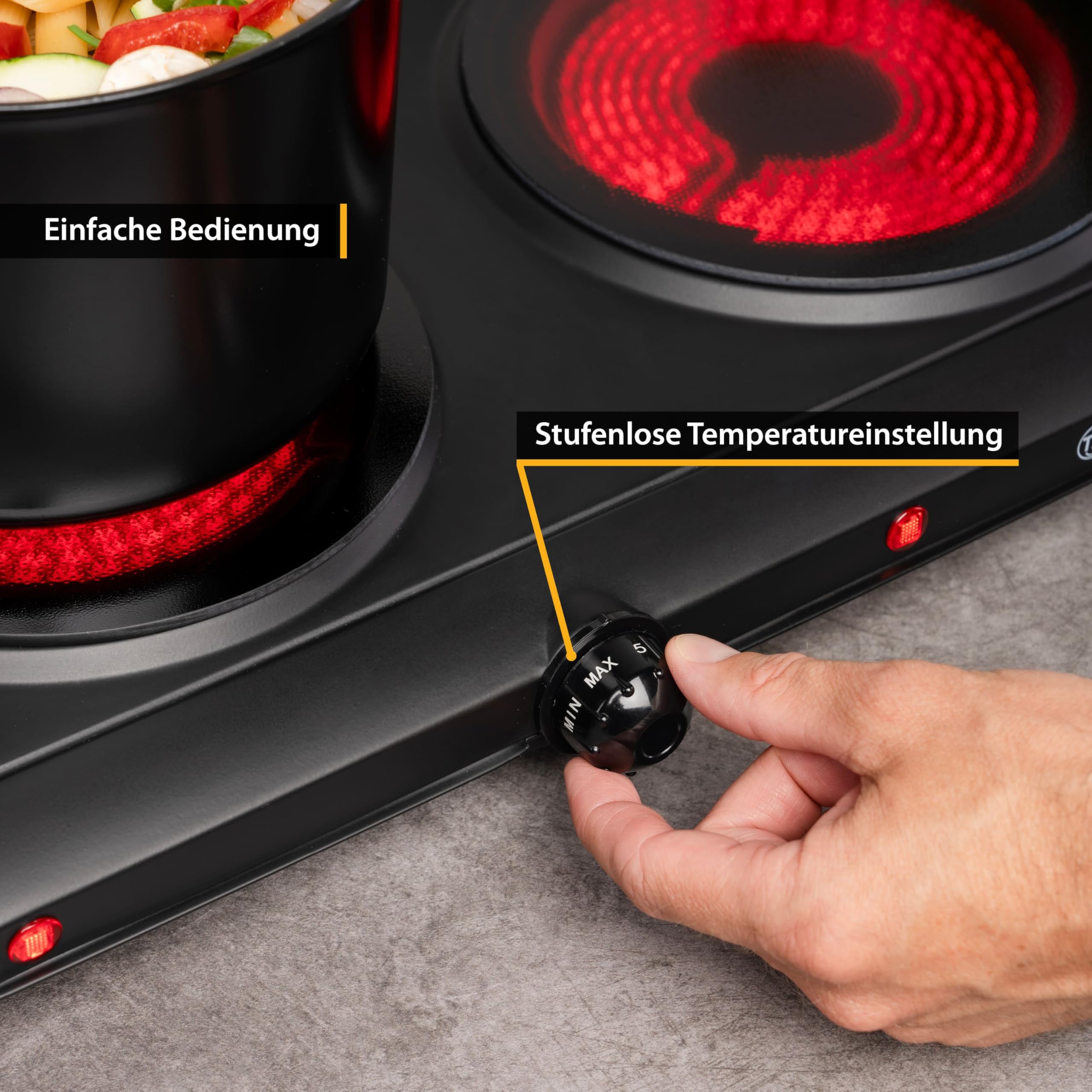 TZS First Austria - Kochplatte Infrarot 2er Glaskeramik-Herdplatte ALLE Topfarten 2500W - Doppelkochplatte Kochfeld elektrisch für Umzug, Camping & Wohnung - Stufenlose Einstellung & Kontrollleuchte