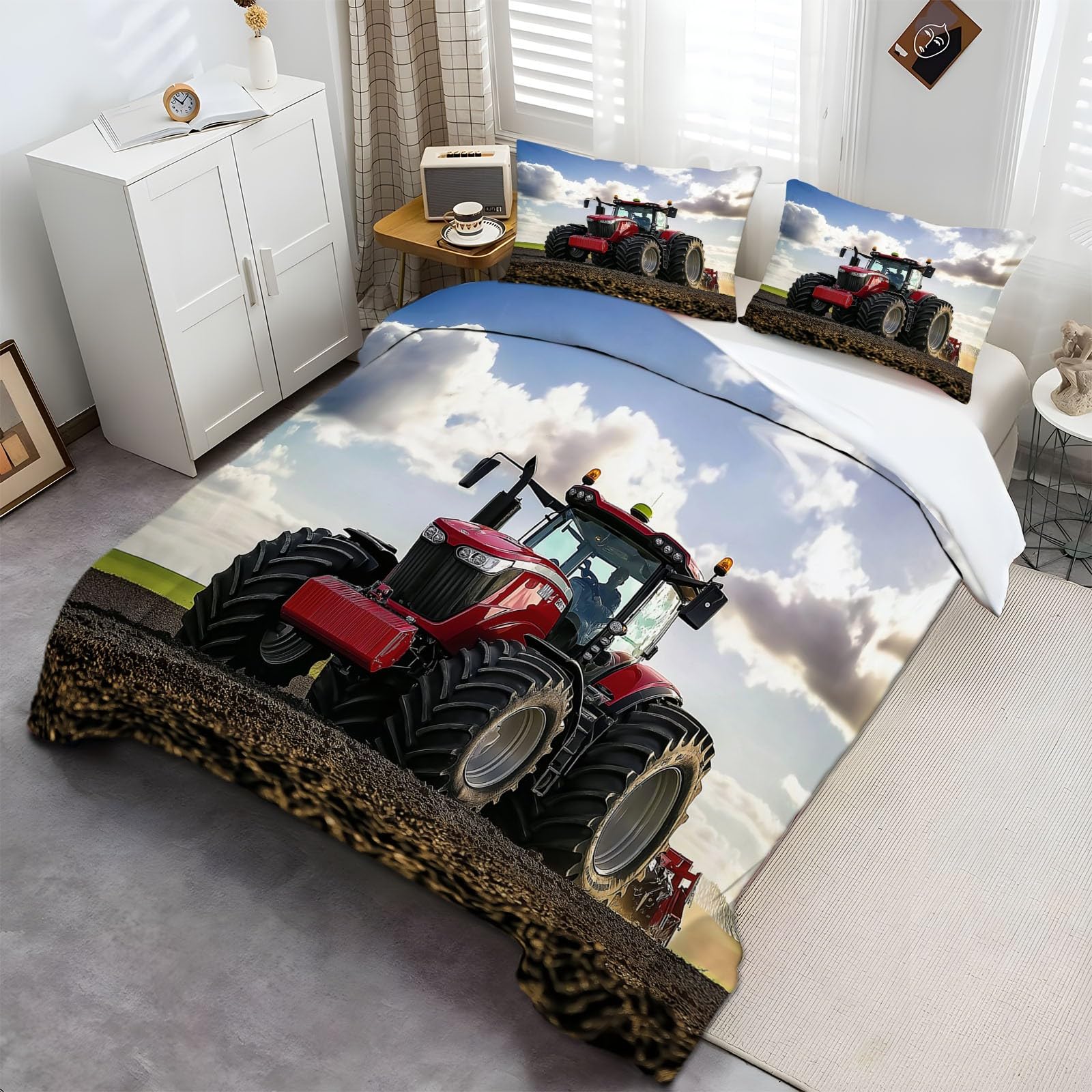 Generisch Bettwäsche-Sets 155x220cm Roter Traktor Bettwäsche 3 Teilig, Weich Atmungsaktiv Polyester-Baumwolle Bettbezug Set mit Reißverschluss, 2 Kissenbezüge 80x80 cm