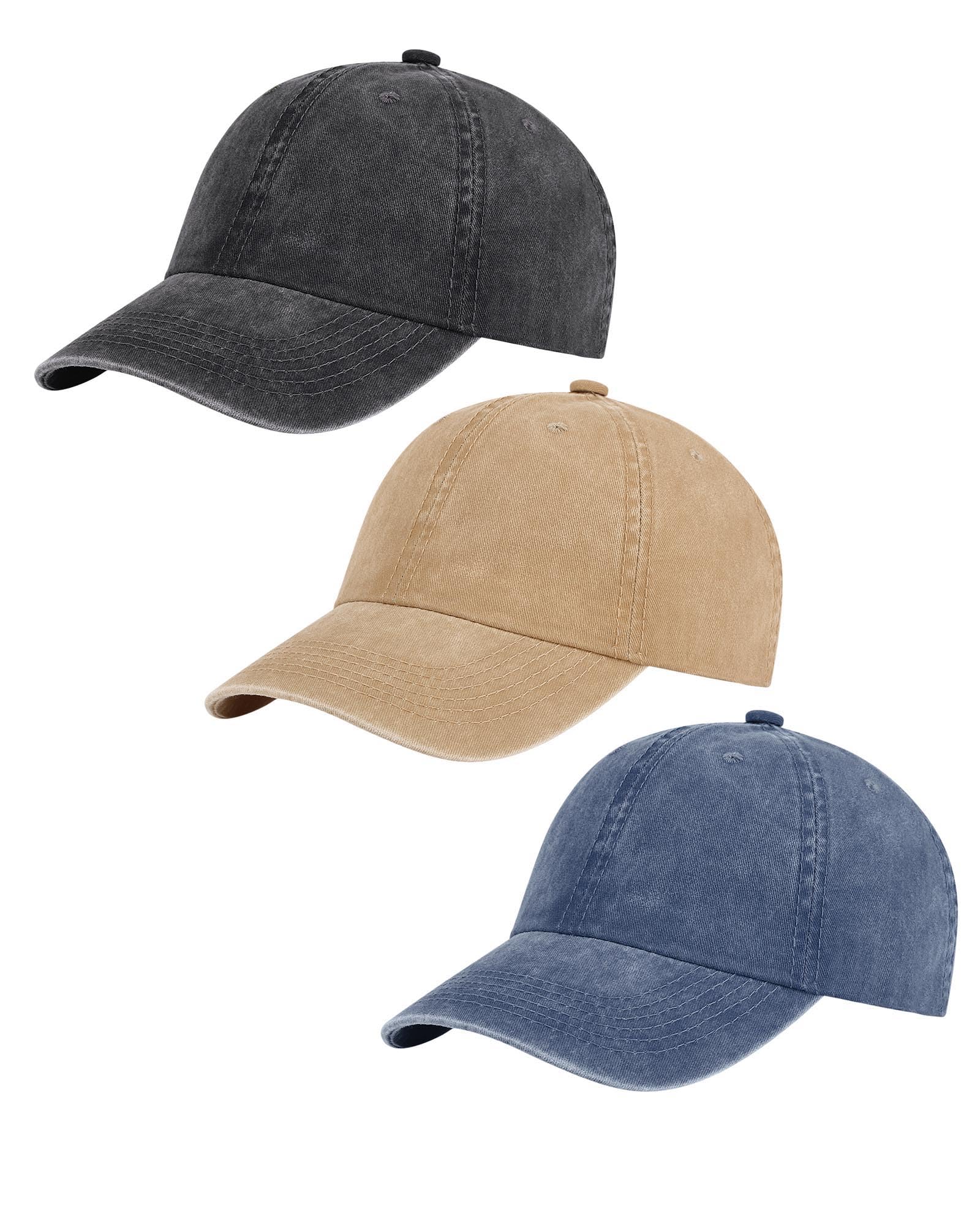 AOSMI Baseballkappen im Vintage-Stil, Gewaschene Baumwolle, verstellbar, für Männer und Frauen, unstrukturiert, flaches Profil, 3 Stück, Schwarz-Khaki-Marineblau, M/XL