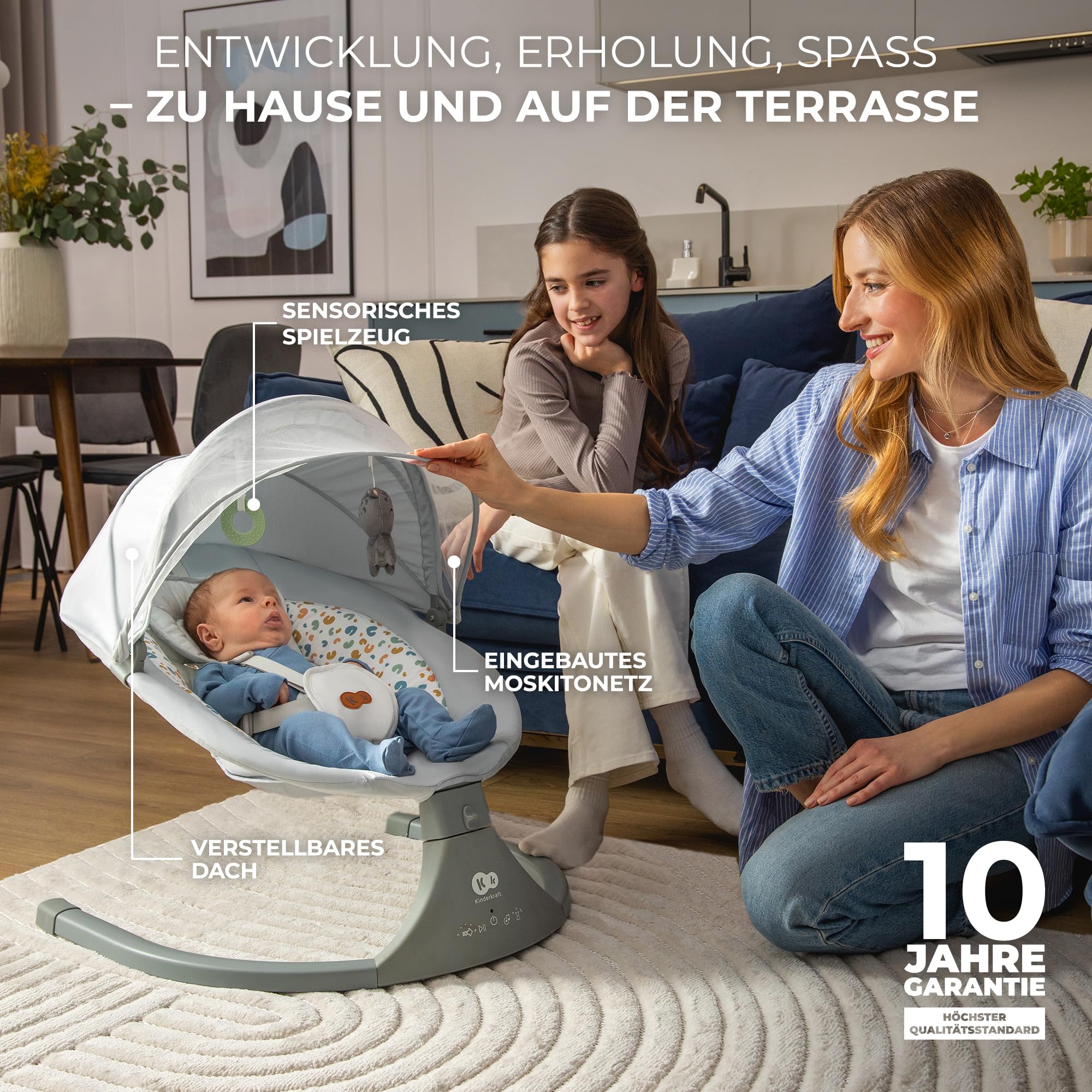 Kinderkraft LUMI 2 Babywippe, Elektrische Babyschaukel, Von der Geburt bis 9 Monate, Höhenverstellbar, 5 Schaukelmodi, 12 Melodien, Bogen mit Spielzeug, Dunkelgrau