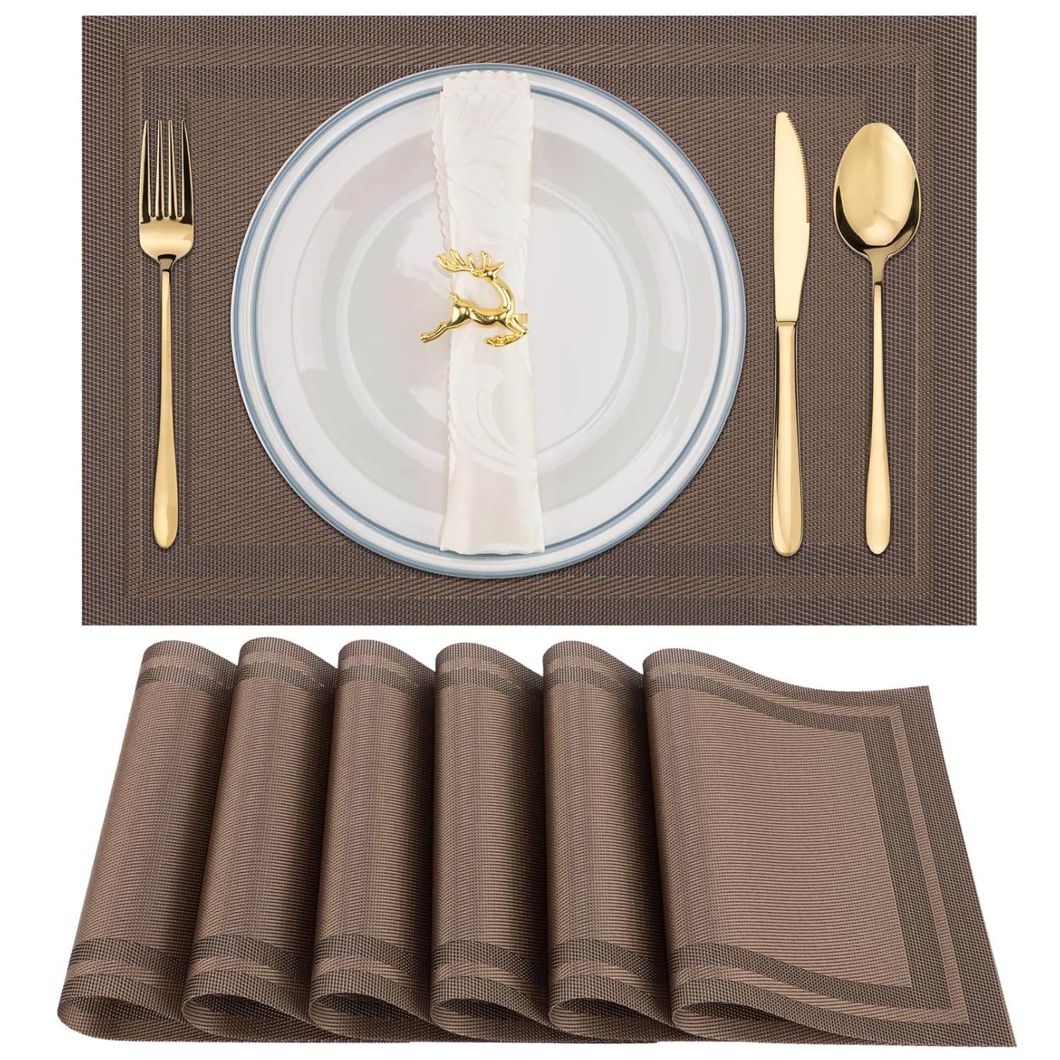 Placemats Set of 6 Dining Table Place Mats | Placemats Table Mat PVC Material | Non-Slip Heat Resistant | Dining Tablemates Washable Anti-Skid | Size 45 x 30cm (Brown) Vinyl-image-13