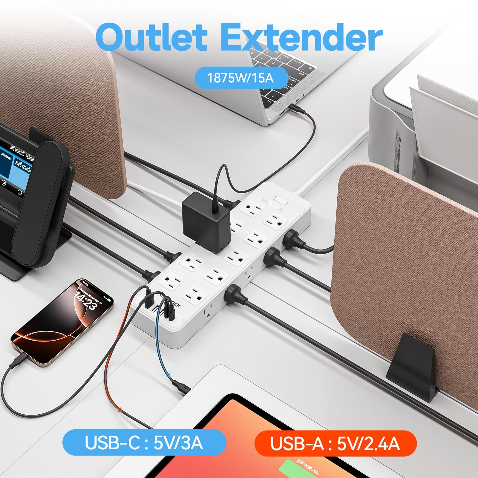 Steckdosenleiste mit Überspannungsschutz für Flachstecker mit 20 AC-Steckdosen, 6 USB-Anschlüsse, 1875W/15A, 2700J, 3.0 m Heavy Duty Verlängerungskabel für Zuhause