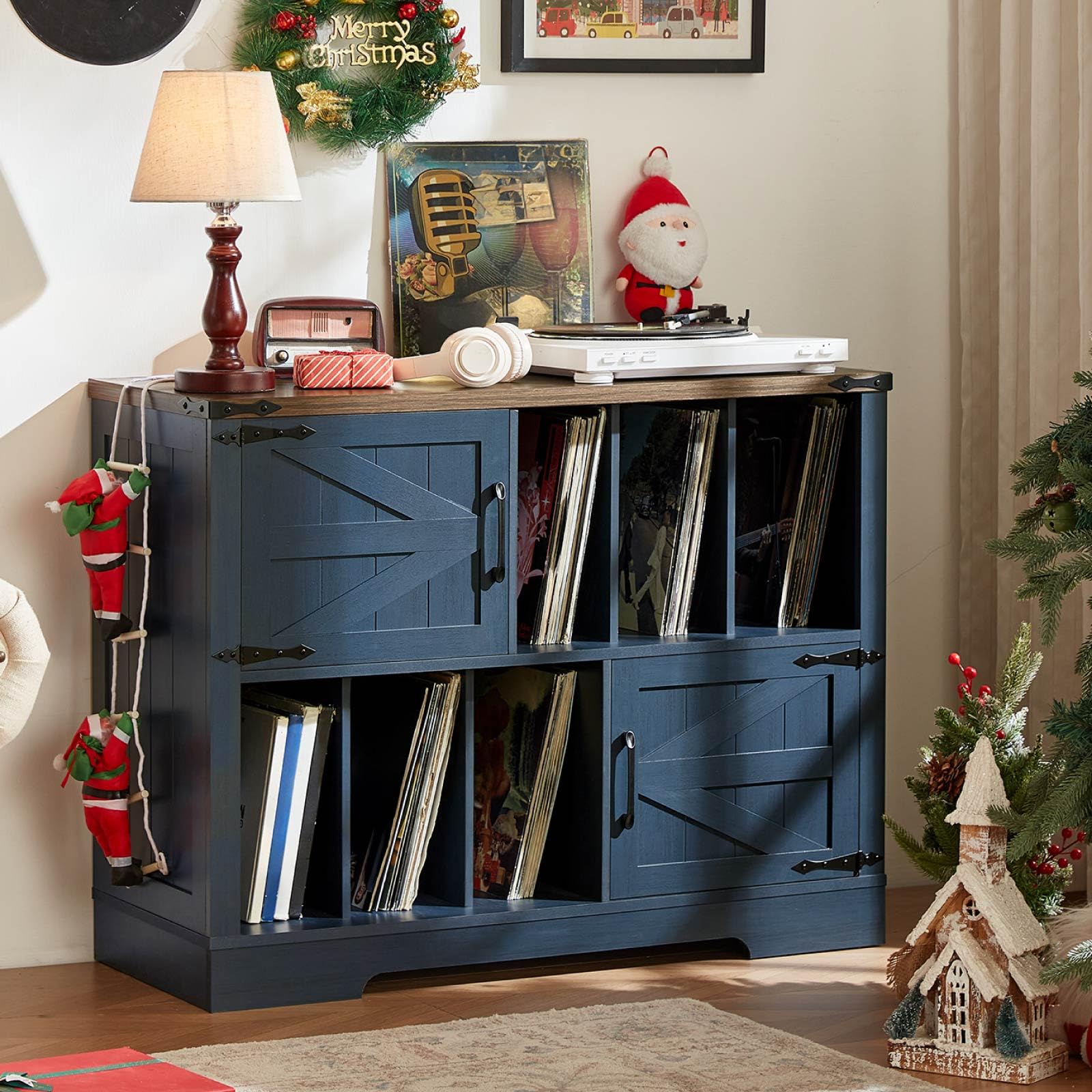 LELELINKY Large Record Player Stand with Storage, 1m Vinyl Records Storage Organizer Cabinet, Farmhouse Wood Vinyl Table with Barn Doors, Mid-Century Turntable Stands for Living Room, Blue