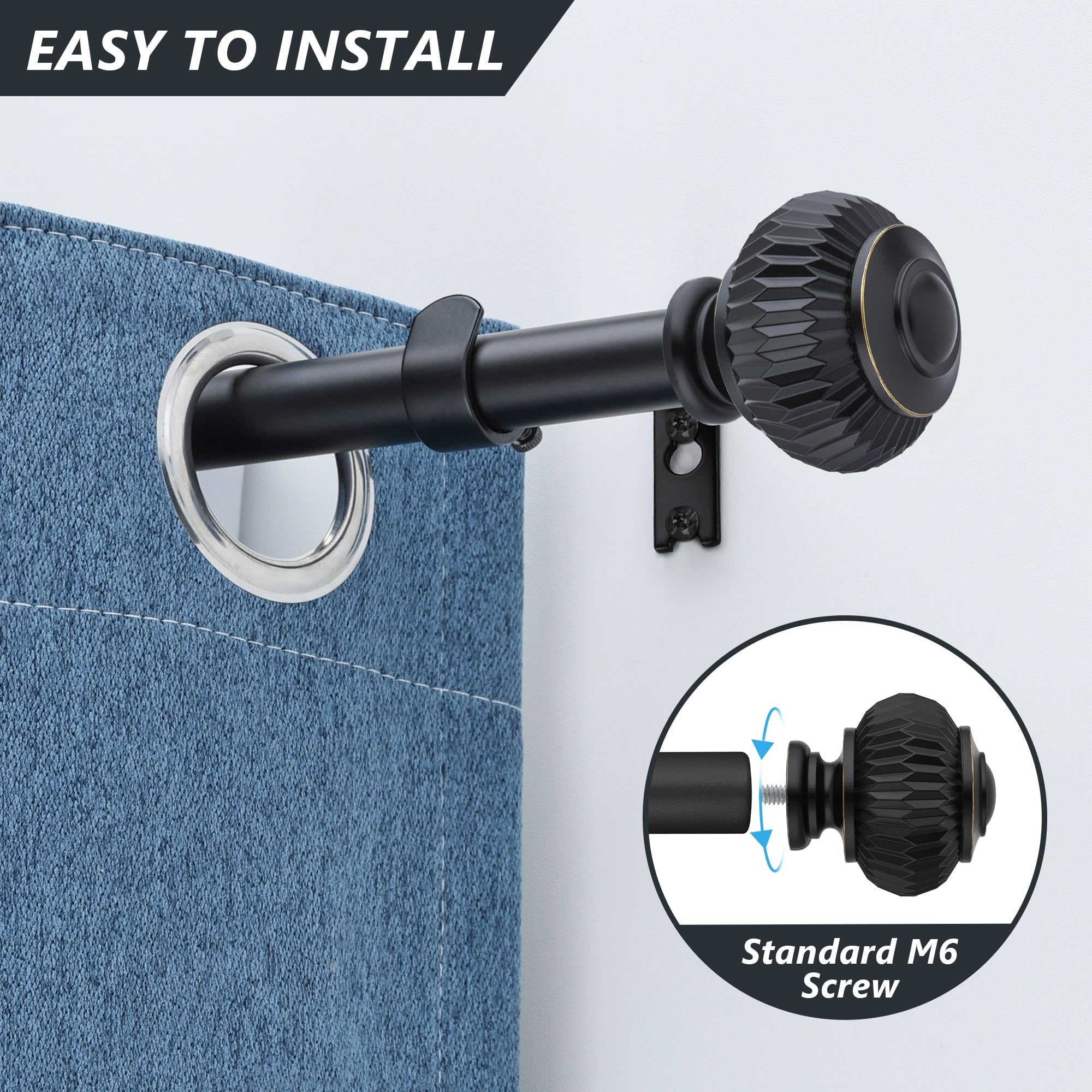 Black Curtain Rods for Windows 28 to 48 Inches 6/8 Inch Adjustable Heavy Duty Curtain Rods with Lantern Ball Finials,Window Treatment Single Curtain Rod Set