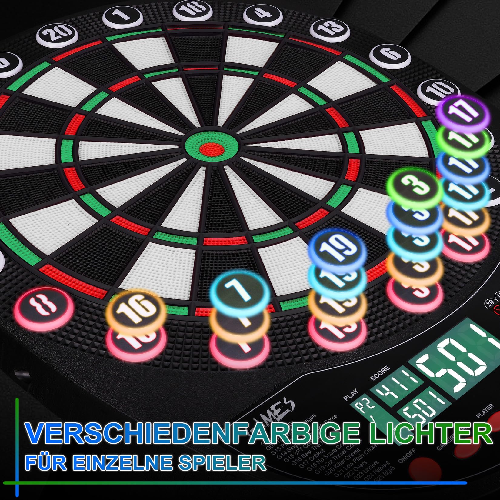 WIN.MAX Elektronische Dartscheibe Profi Set mit 354 Varianten 3 Sprachen: Deutsch, Englisch, Französisch für 1 bis 8 Spieler mit 12 Darts