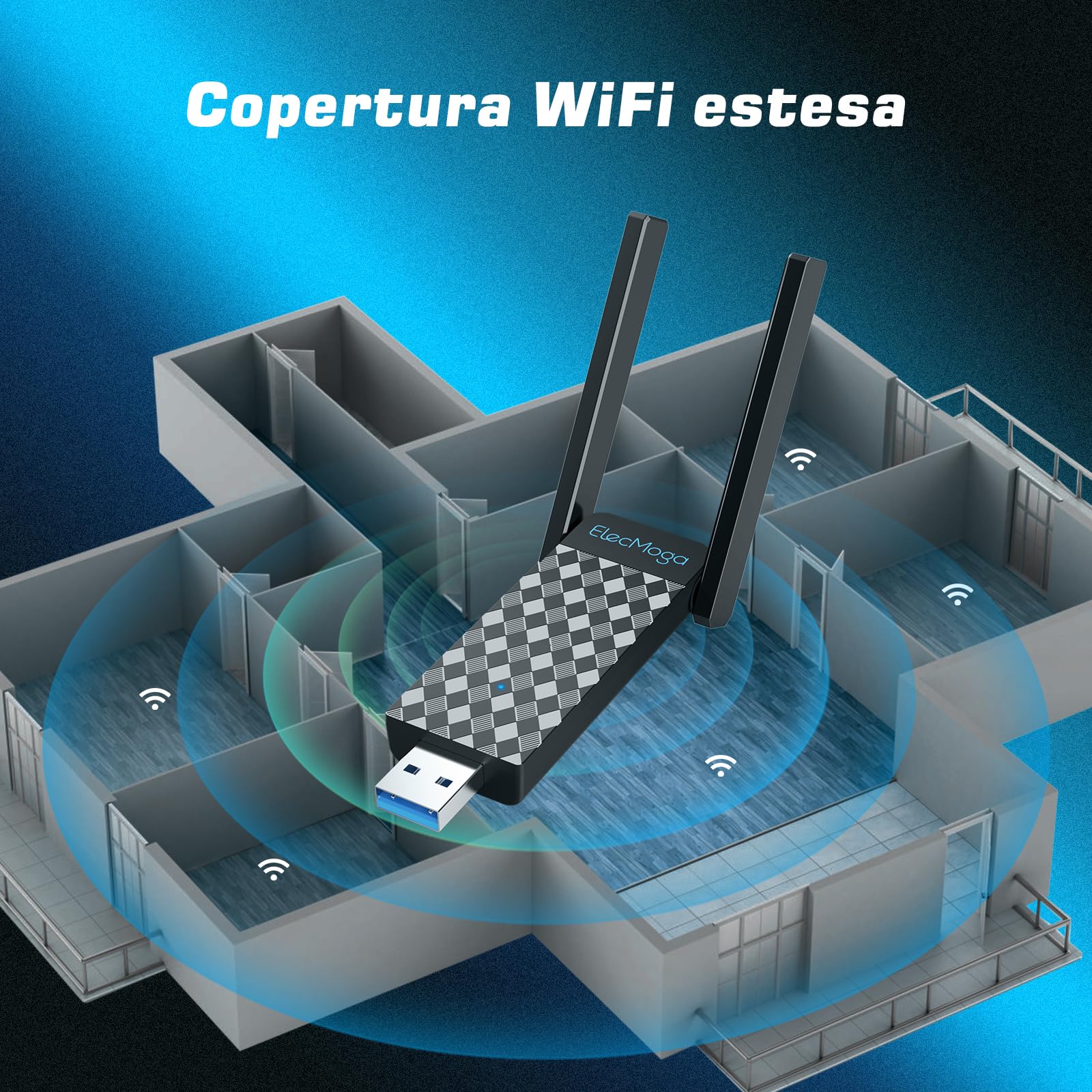 ElecMoga Chiavetta WiFi USB 5dBi 1300M 2 Antenne Dual Band 2.4G/5GHz per PC Fisso Supporta Windows 11/10/8/7/Vista/XP, Mac OS Plaid