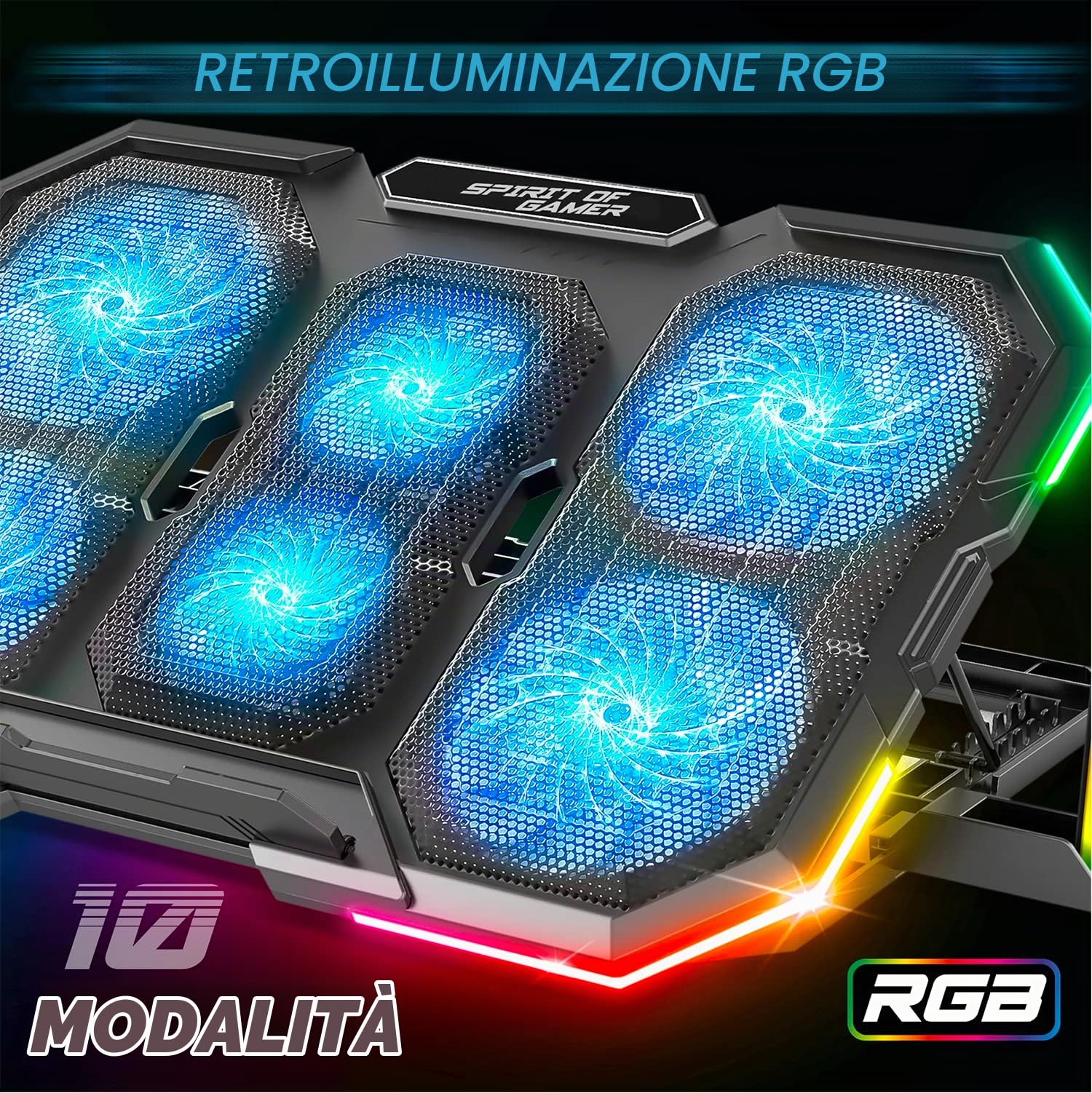 SPIRIT OF GAMER, Raffreddamento PC Portatile da 10" a 17", 6 Ventole Silenziose, Compatibile PS5, PS4, Xbox e PC, Supporto per Laptop Ventilato, Base di Raffreddamento PC Portatile Retroilluminata RGB