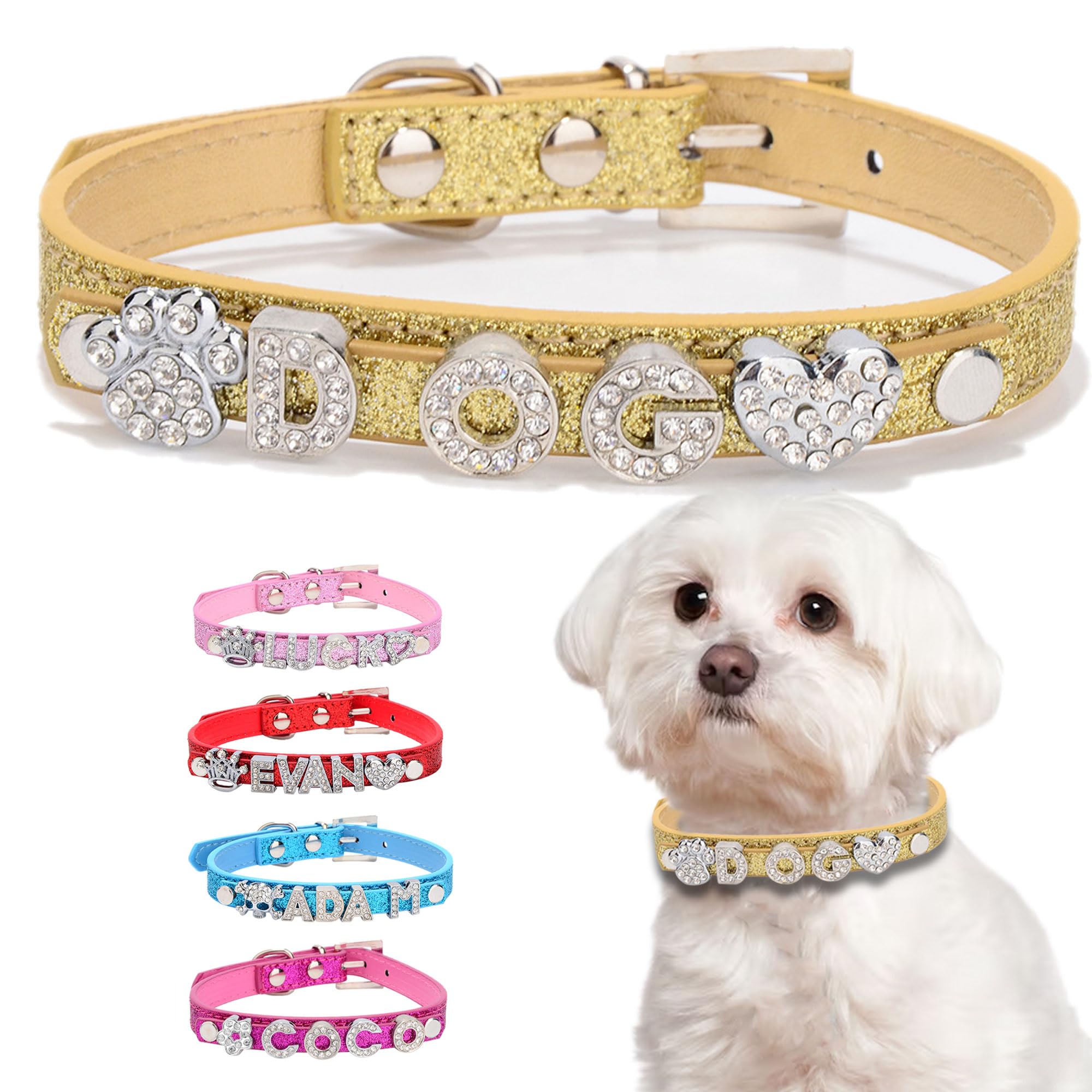 Personalised Dog Collars with Name Custom Bling Rhinestone Dog Puppy Cat Pet Name Collar Leather Dog Collar for Small Medium Large Dogs(Gold,L)