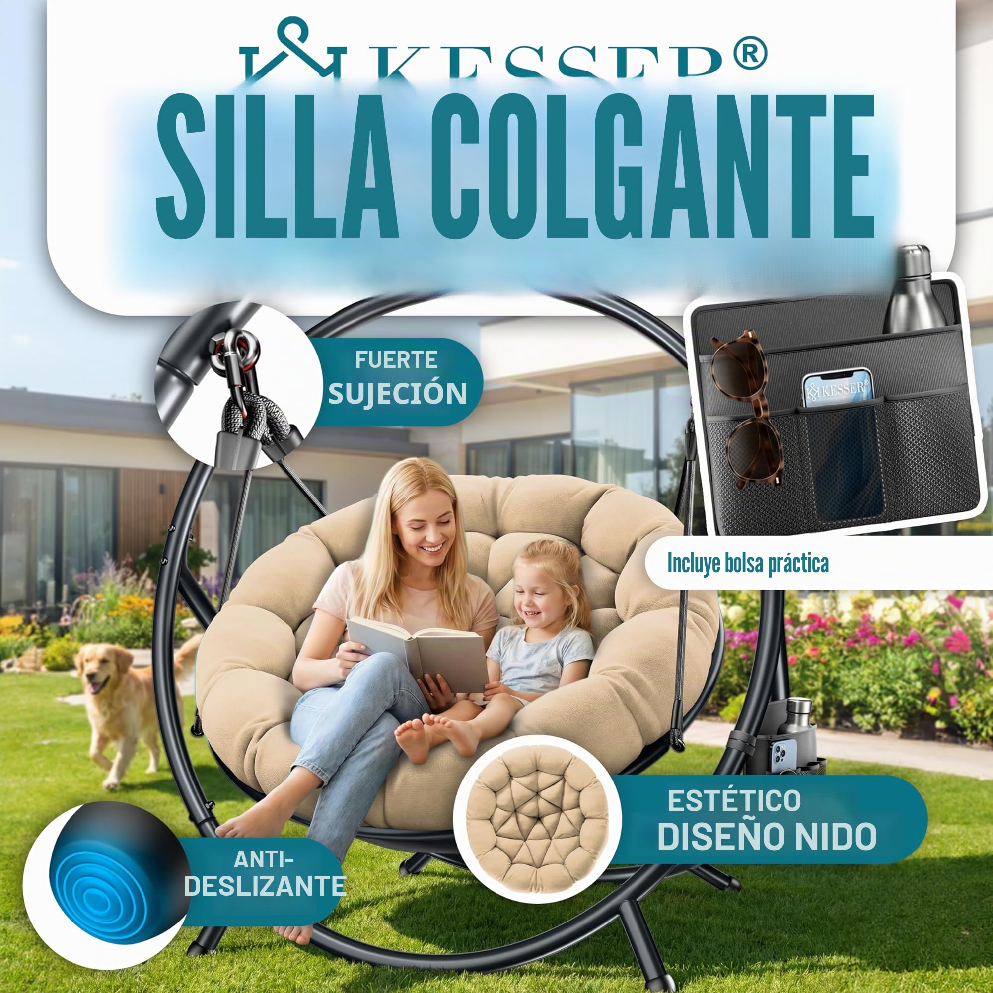 KESSER Silla colgante con estructura Bali, columpio colgante de hasta 150 kg, para interior y exterior, cojín y bolsillo lateral, cesta colgante, estructura de acero y cojín de espuma, ideal para