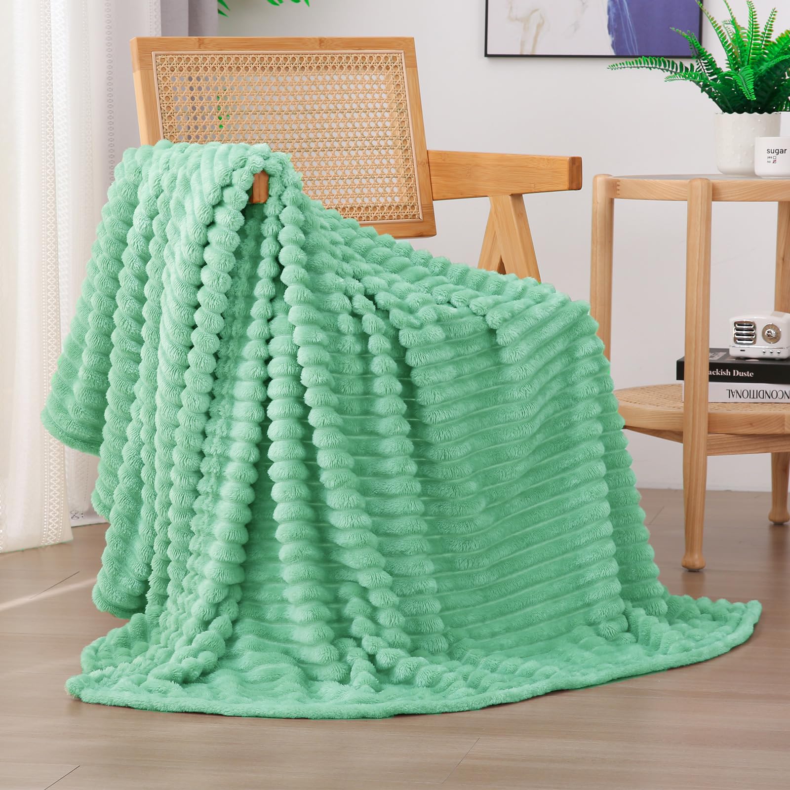 Linecooo Mint Green Fleece Throw Blanket 50”×60” for Couch Sofa Bed,Super Soft Cozy Plush Microfiber Flannel Blanket with Stripes Design Lightweight for Adults,Woman,Girls