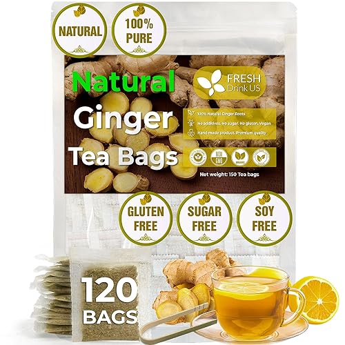 Miniatura 1 de FreshDrinkUS, 120 bolsas de té de jengibre premium, 100% natural y puro de raíces de jengibre, té de jengibre, té de hierbas de jengibre. Té de