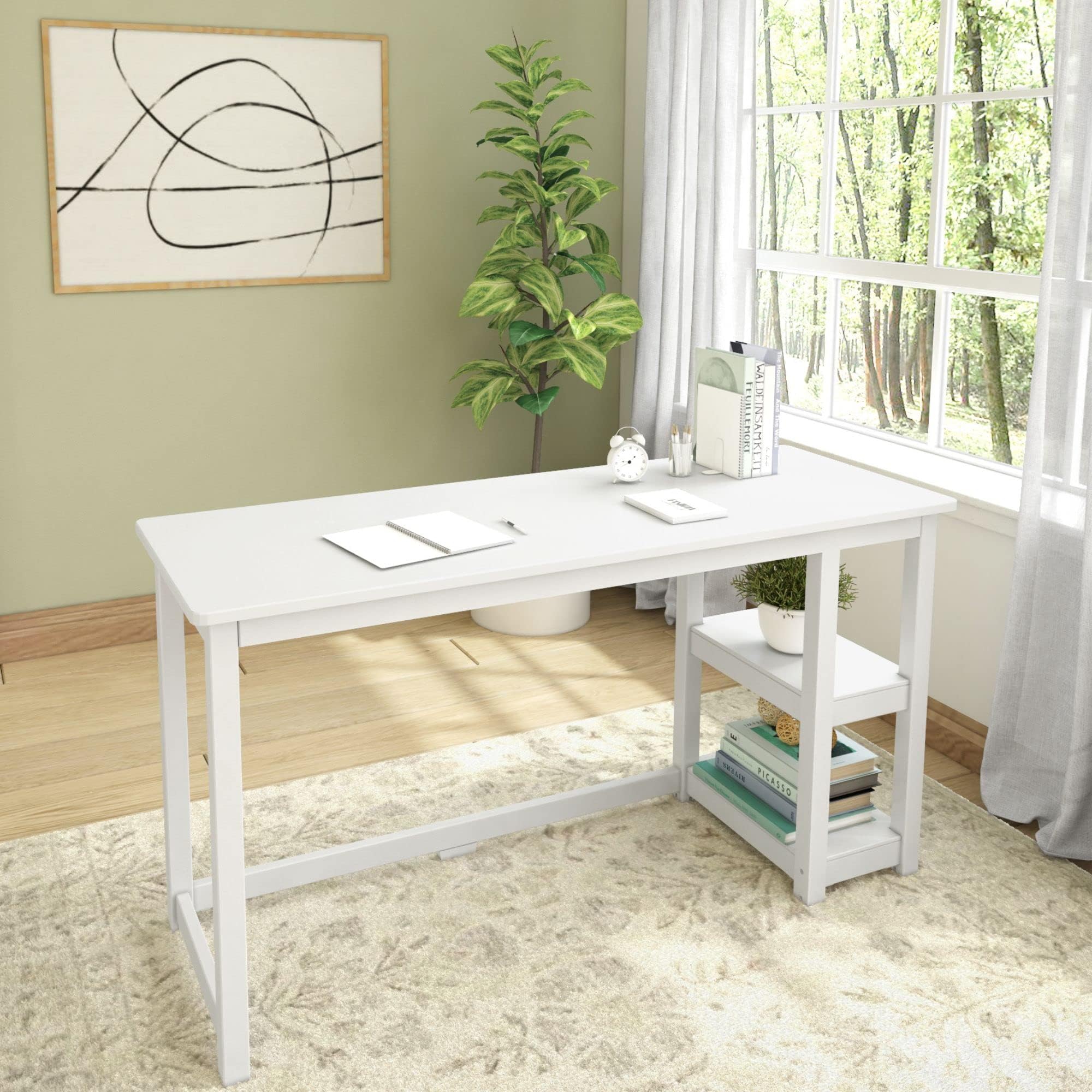 Solid Wood Computer Desk with Shelves, Simple Desk for Bedroom, Home Office Study Desk, 55.25 Inch