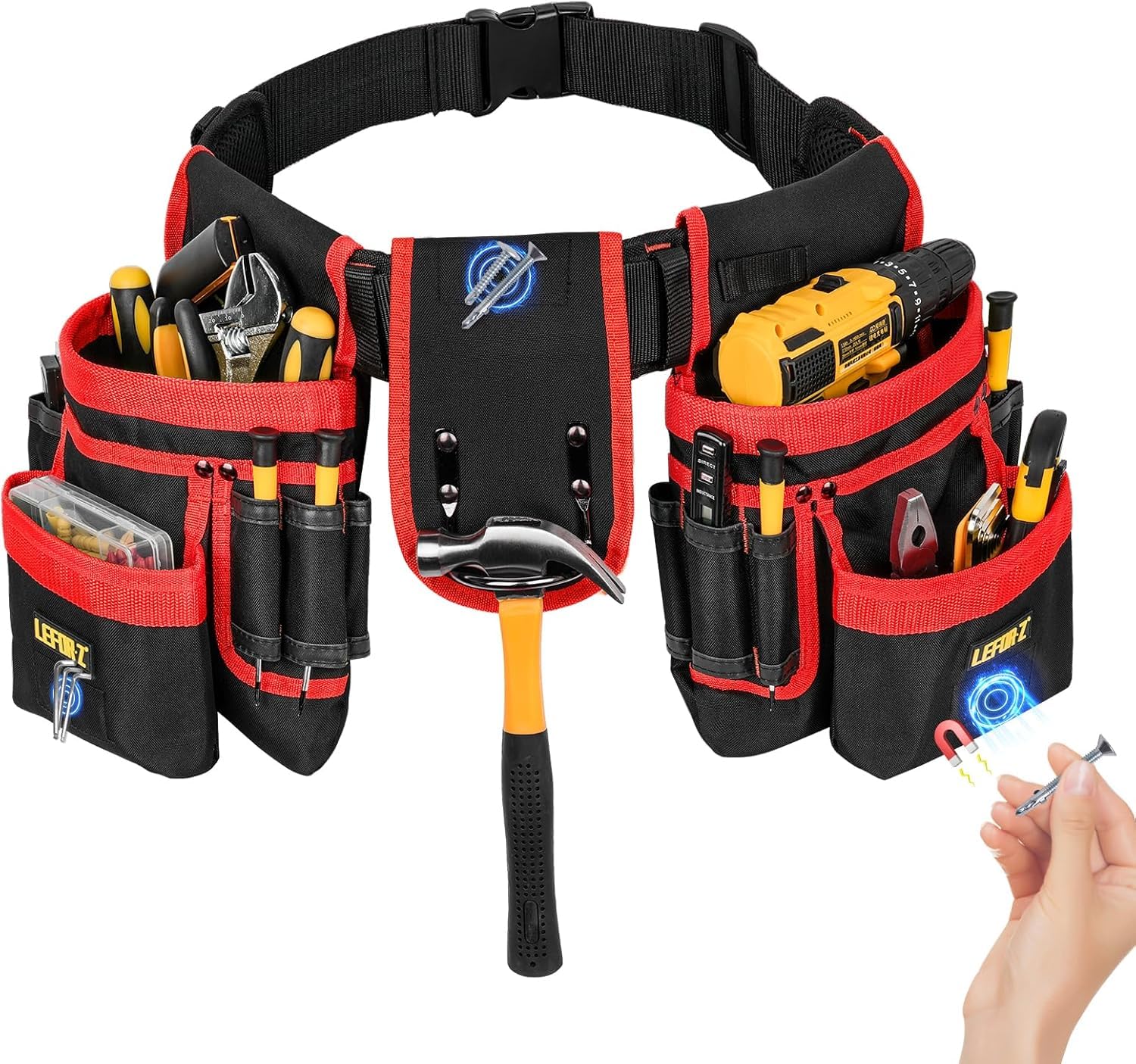 腰袋 工具ベルト付き 腰道具セット 工具入れ ポーチ 27 ポケット 磁気パッド付き 着脱式 調節可能 高耐久 電工 大工 建設 DIY 作業用 (ブラック＆レッド)