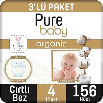 Pure Baby Organik Pamuklu Cırtlı Bez 3'Lü Paket 4 Numara Maxi 156 Adet