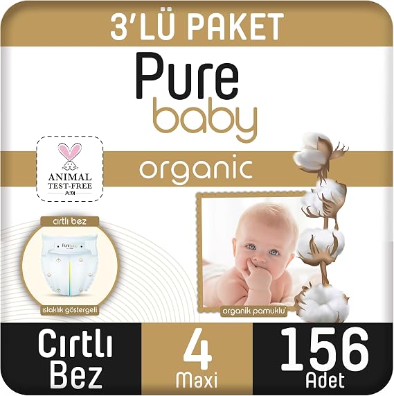 Pure Baby Organik Pamuklu Cırtlı Bez 3'Lü Paket 4 Numara Maxi 156 Adet