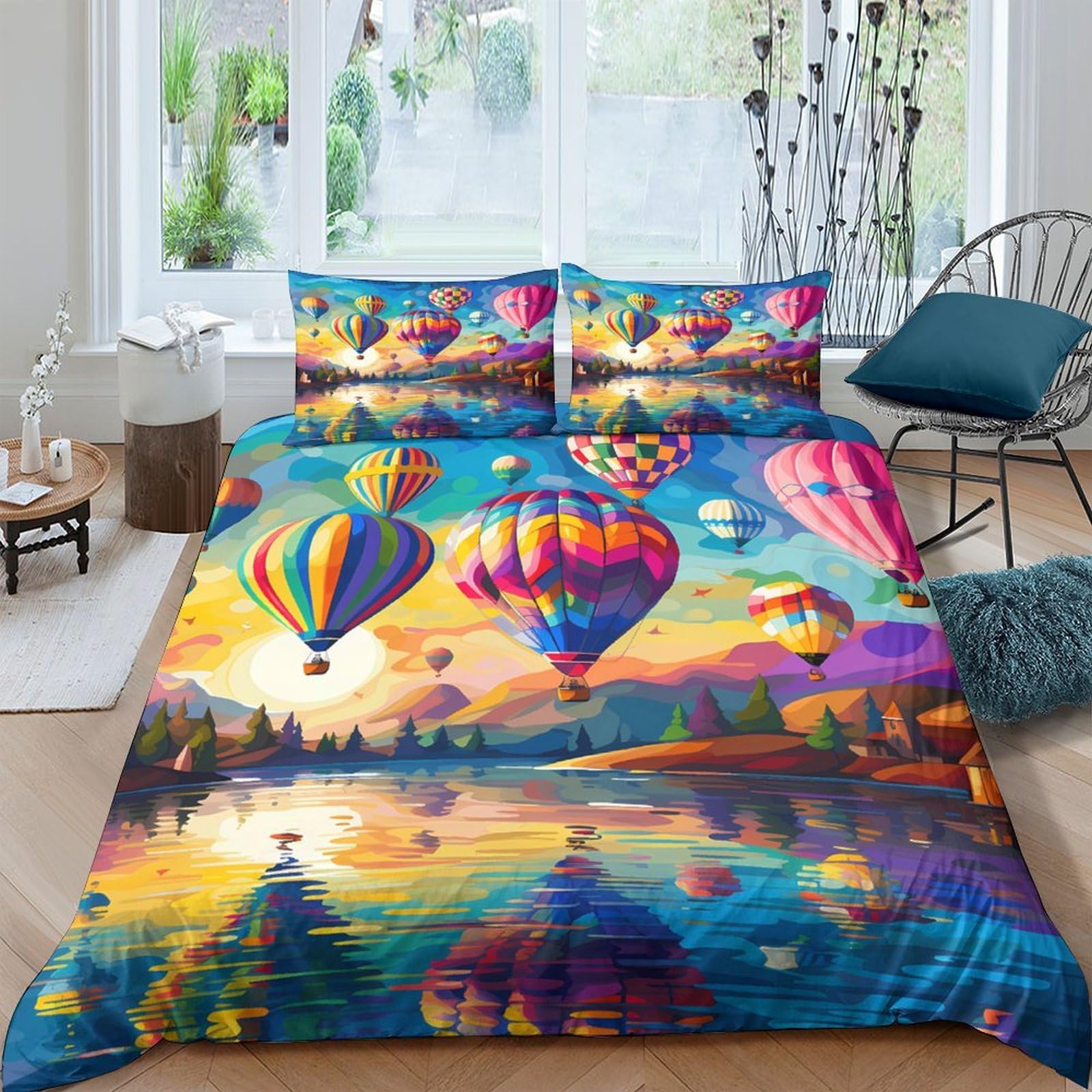 Ctjqhvkz Style-4 3D Printed Hot Air Balloon Fitted Sheet Microfiber Multicolor Sunrise Landscape Mattress Cover For Bedroom Guest Room Single（135X200cm）