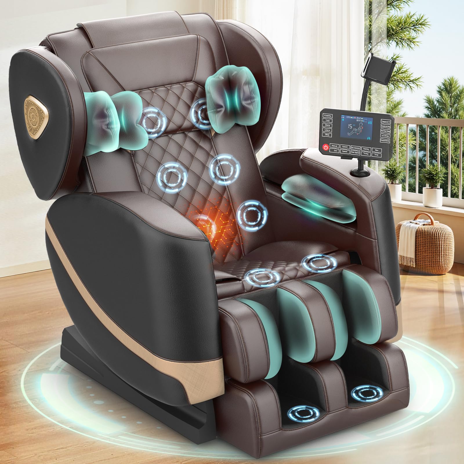 F FURNIMAT Massagesessel, Ganzkörper-Massagestuhl mit 14 Rollen, 8 Komfort-Luftkissen & Zero Gravity– Bluetooth Lautsprecher, Touchscreen, Handyhülter, Wärme für Lenden und Beine