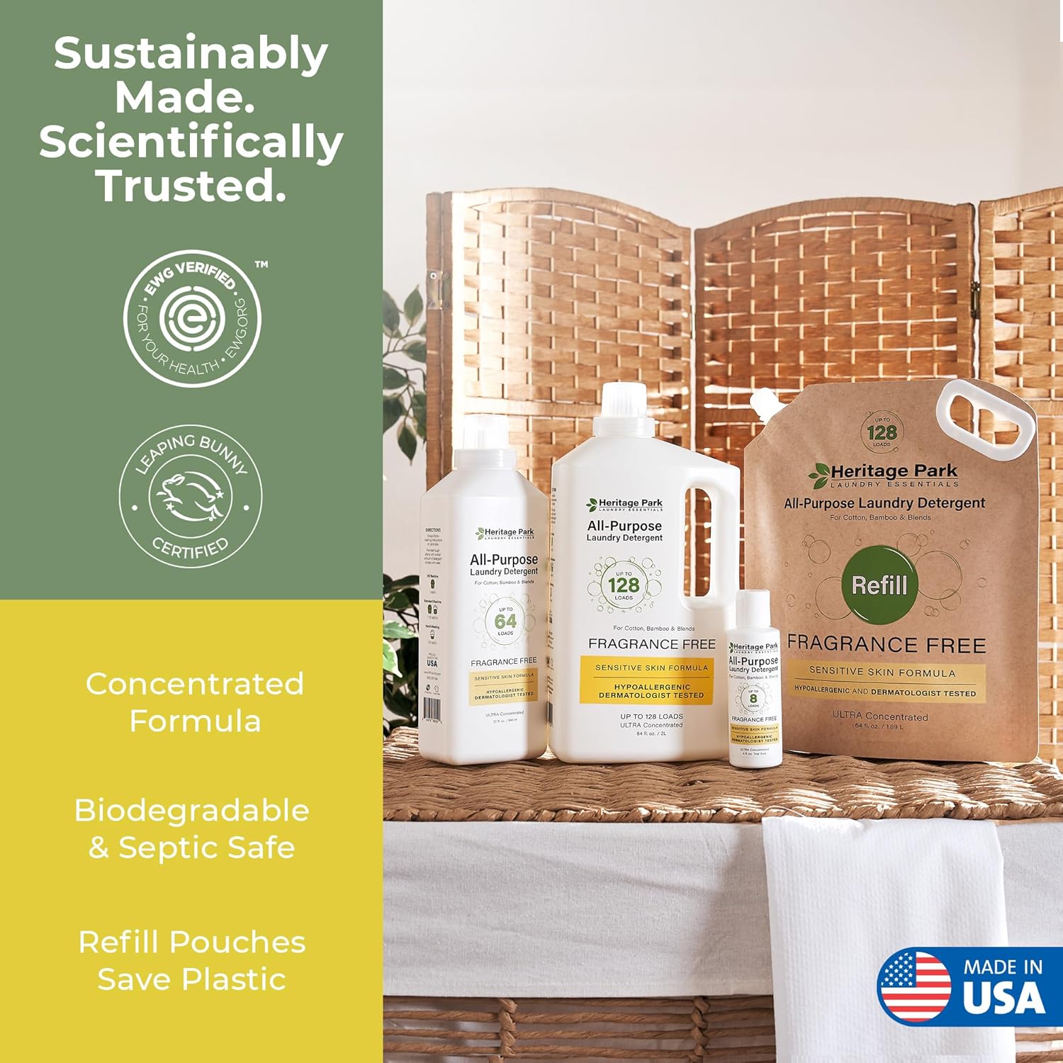 Heritage Park Luxury Laundry Detergent | Dermatologist Tested Plant based Natural & Enzyme Laundry Detergent | Sensitive Skin Friendly - Fragrance Free (64 fl oz)