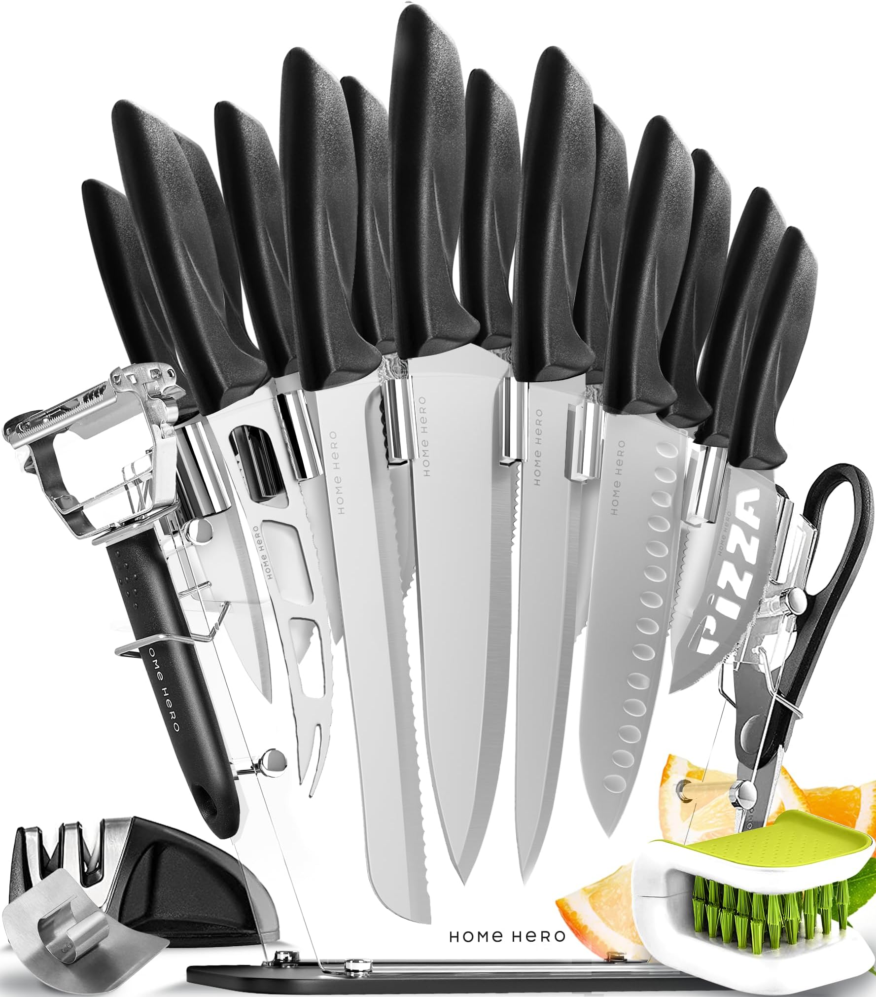 Kitchen Knife Set, Chef Knife & Kitchen Sashimi Knives - Ultra-Sharp High Carbon Stainless Steel Knives with Ergonomic Handles (20 Pcs - Silver)