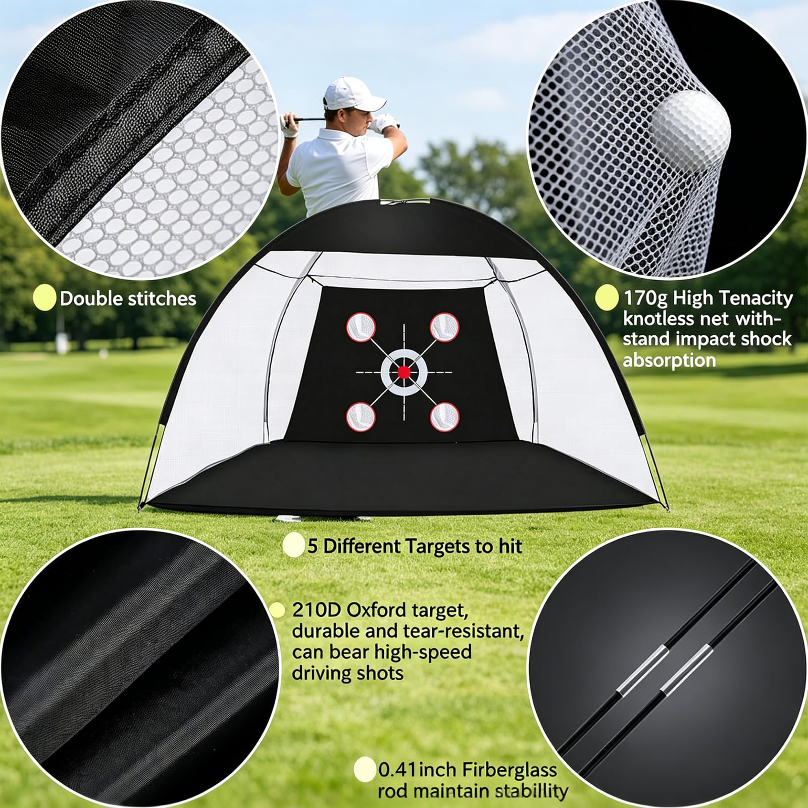 Multifunktionales Golfballnetz 300×180×240cm, Golf Trainingshilfen mit 3-Zonen Matte & 10 Bällen, Tragbar für Indoor & Outdoor, Minigolf für Zuhause,Golf Netz