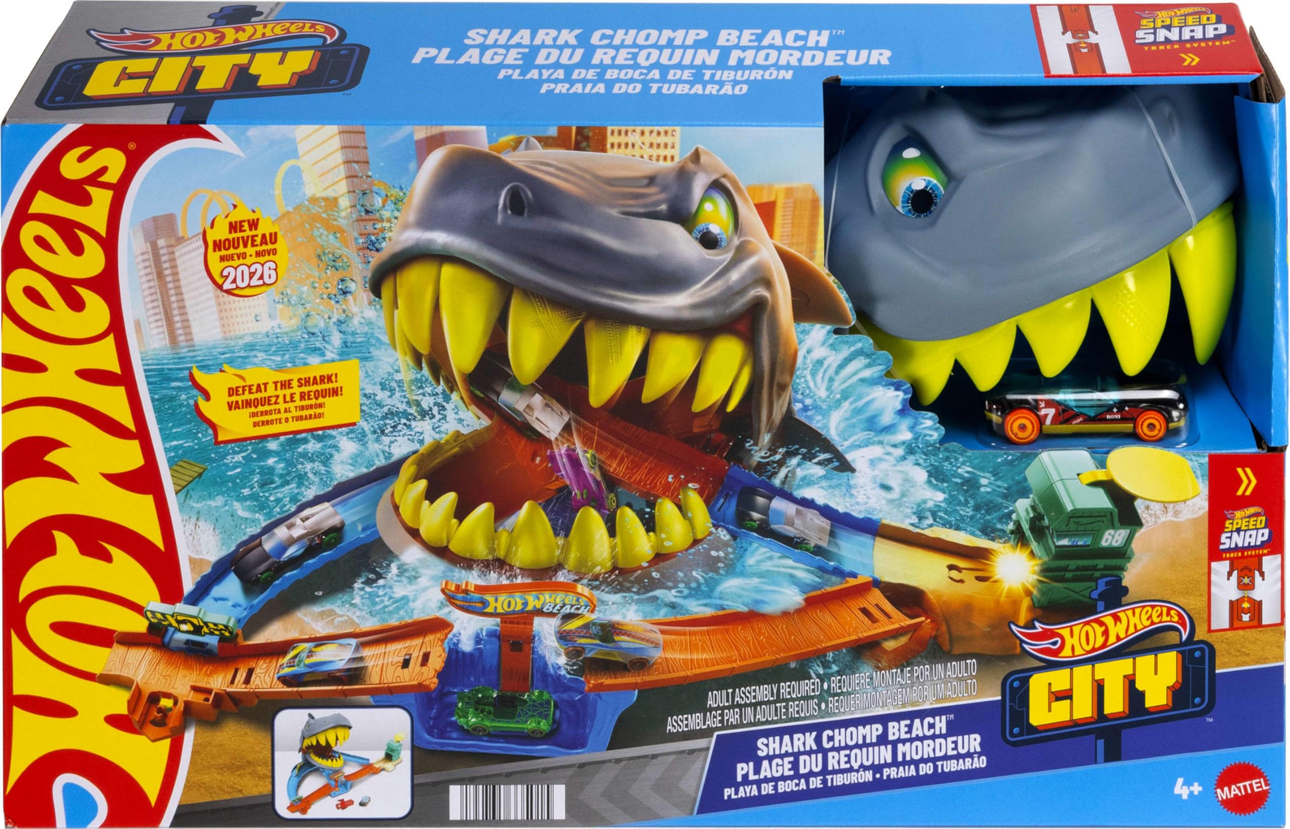 Hot Wheels City Rekin Starcie na plaży Tor Zestaw + metalowy samochodzik w skali 1:64, 2 sposoby zabawy, tor samochodowy, zabawka dla dzieci 4+, JHL96