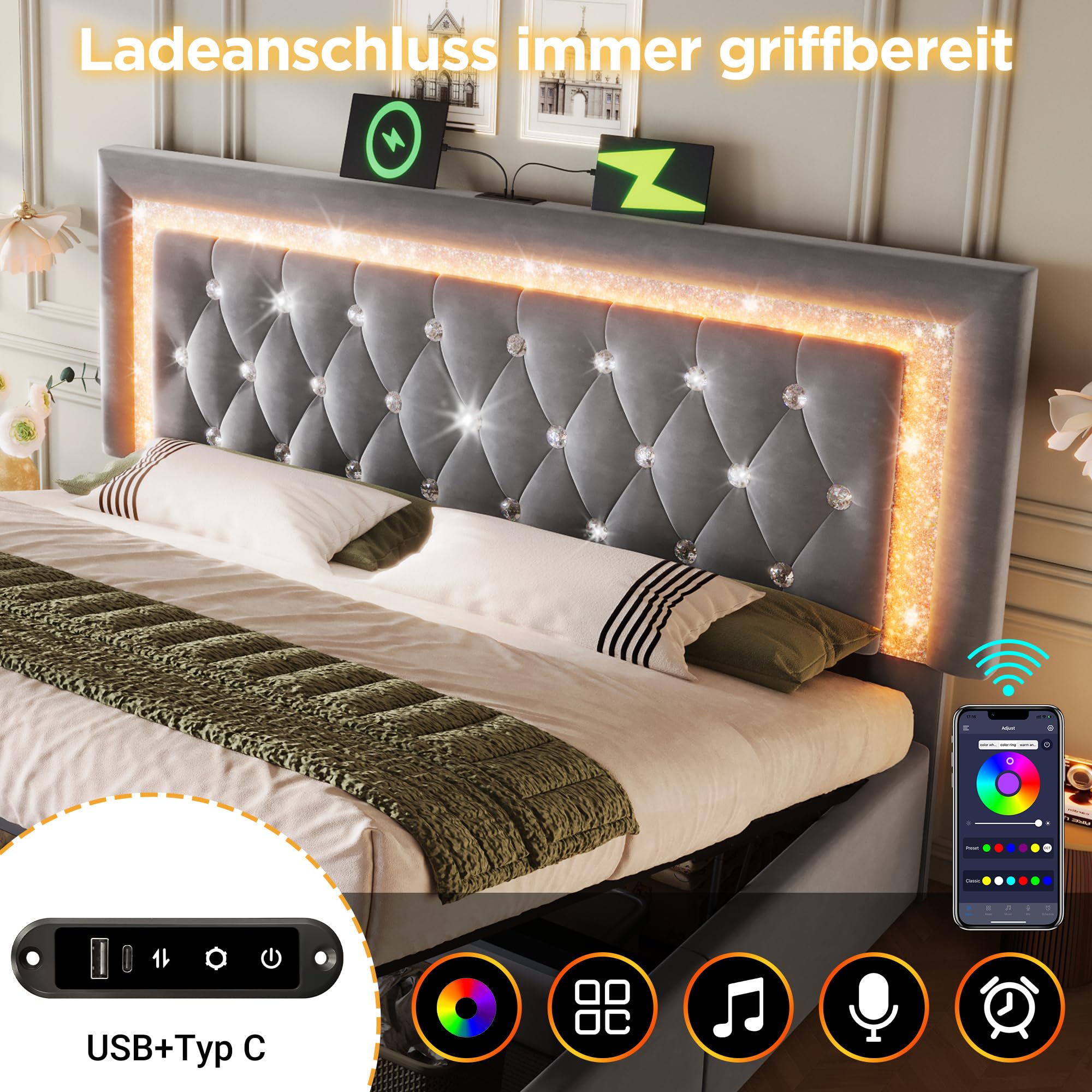 Łóżko tapicerowane 180 x 200 cm, aksamitne łóżko podwójne z paskami diamentowymi LED, stacja ładująca USB & Type-C, hydrauliczne łóżko do przechowywania, nowoczesne łóżko młodzieżowe ze