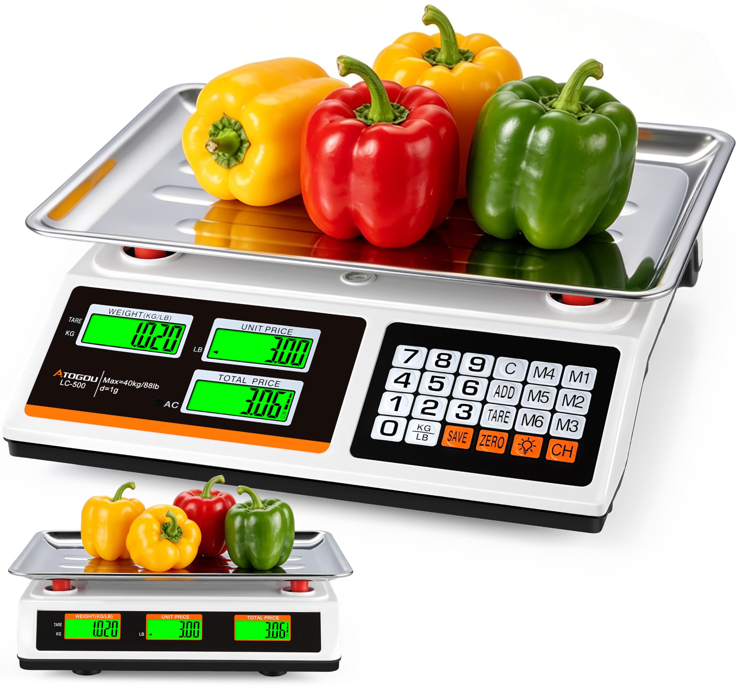 1g Resolution Price Computing Scale 88lb with Dual-Sided Display | Commercial Scale,Preset Price Keys,Plug-in or rechargeable,Food Kitchen Scale for Produce,Farmers Markets,Meat(Not for Trade)