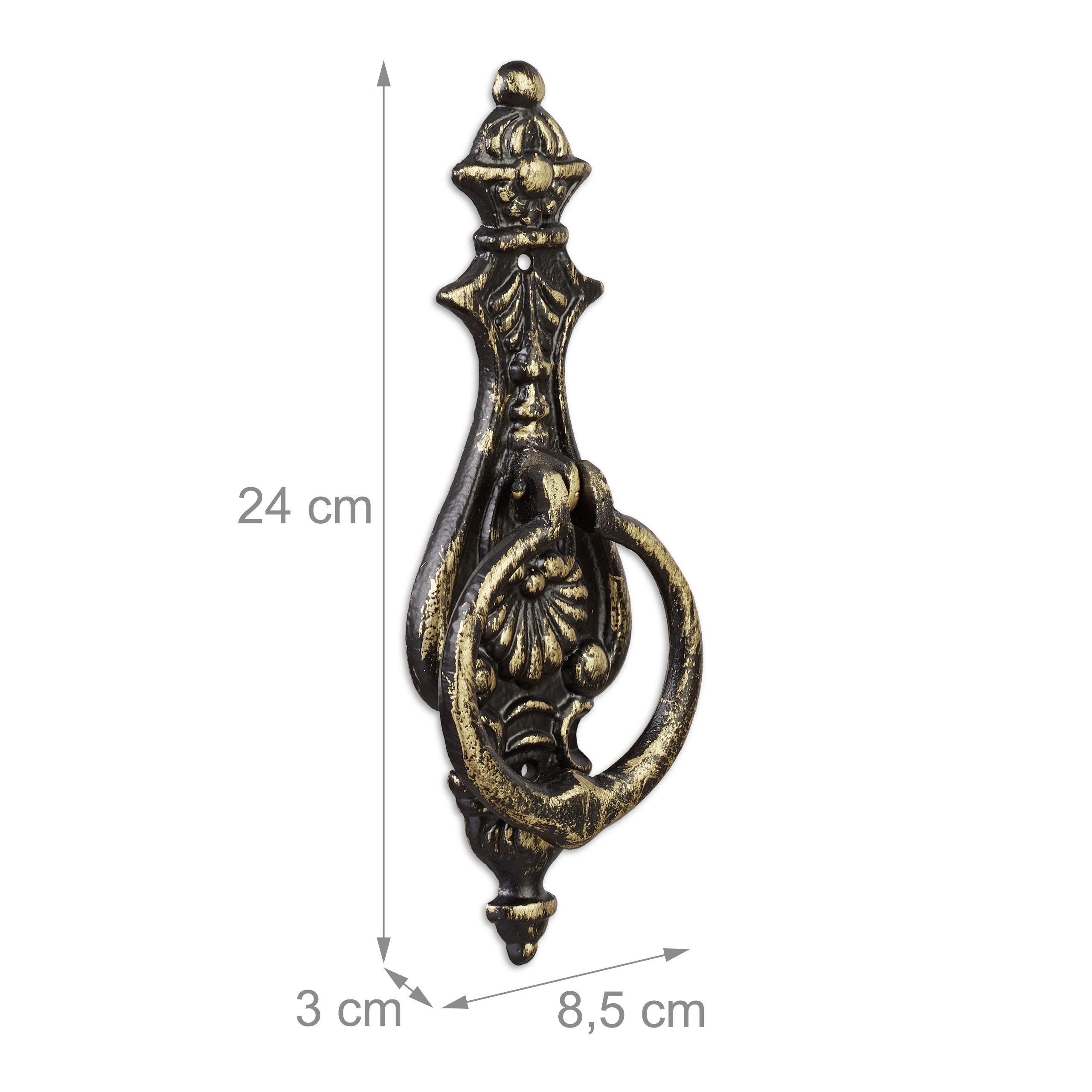 Relaxdays Heurtoir de porte antique, Anneau de frappe pour porte, style rustique, fonte de fer, 24x8,5x3 cm, noir/bronze