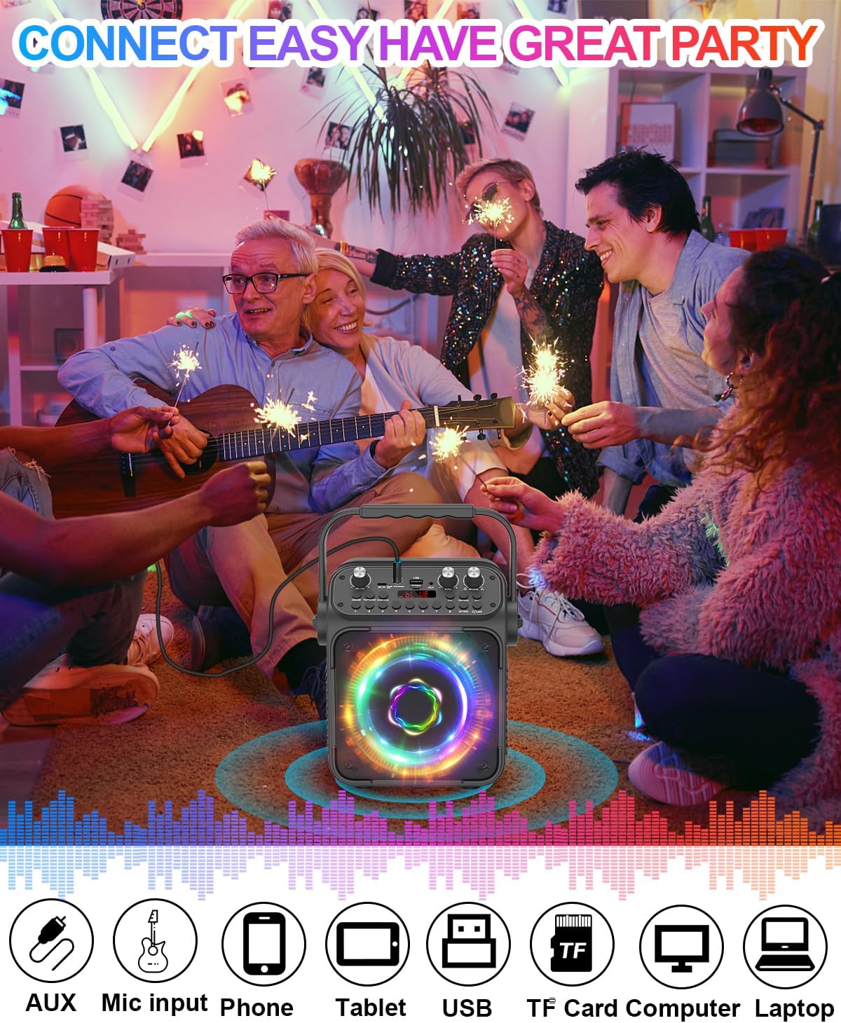 Karaoke Machine for Adults, Portable Karaoke System with 2 Wireless Microphones, 40W Speaker with DSP, Echo & Reverb, 7-Colorful Light Modes, Home Party & Outdoor Singing - Image 8