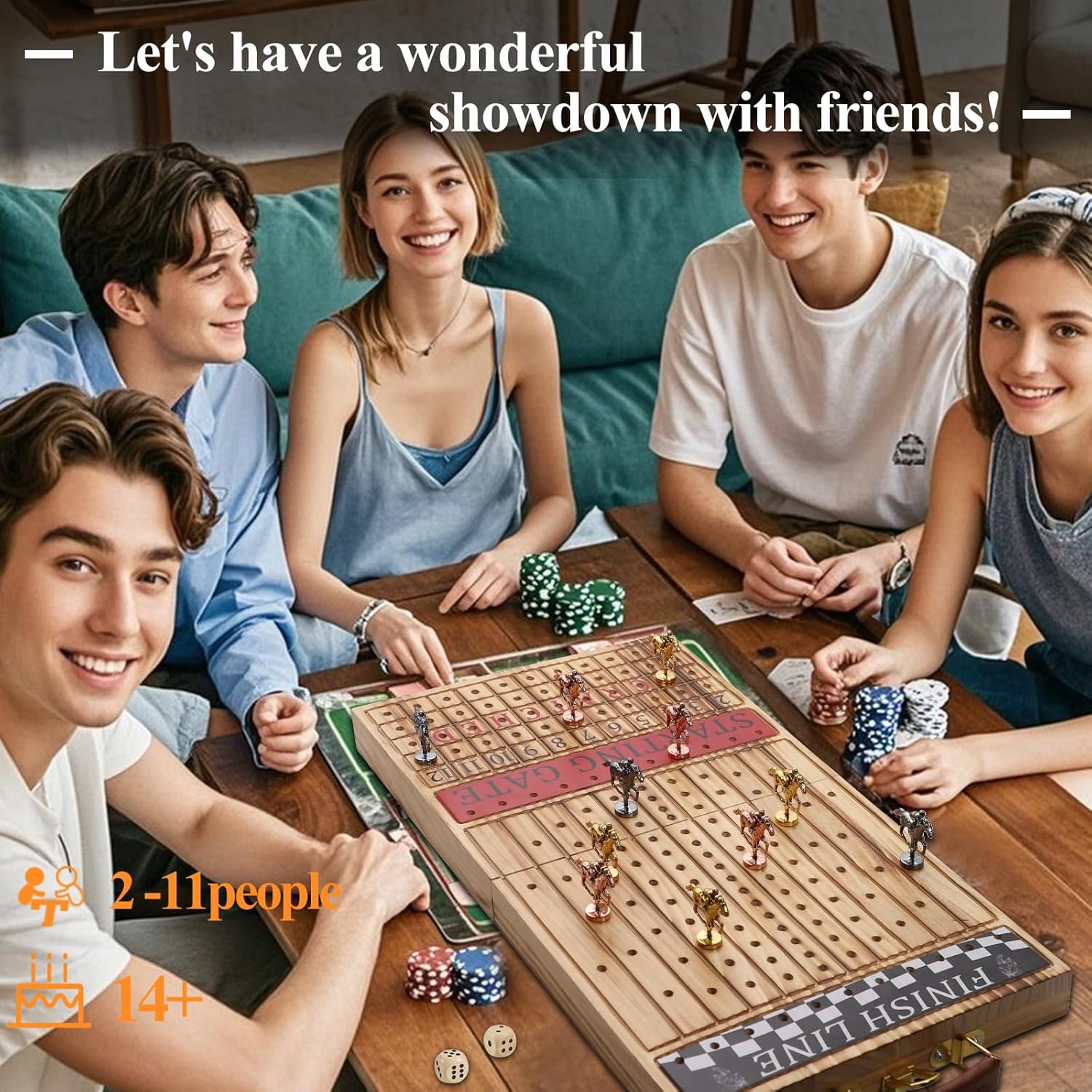 Horse Race Board Game - Foldable Horse Racing Game with Cards and Dice，11 Luxury Metal Horses 100 Chip, Foldable Design Holds All Pieces,Portable Board Game for Family Nights & Parties