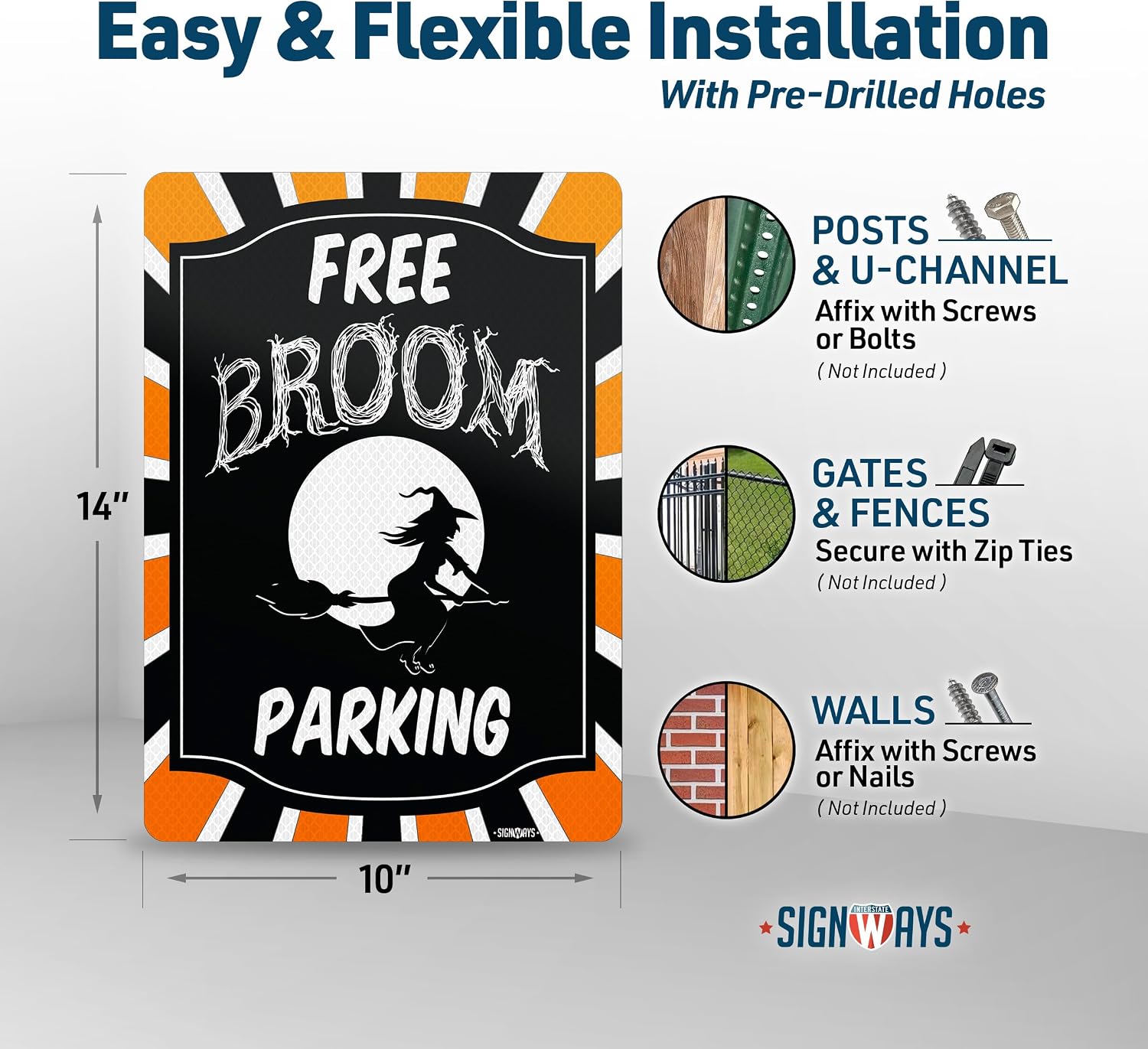 Witches Broom Halloween Decor, Free Broom Parking Sign for Outdoor Porch Yard or Driveway | 3M Quality Aluminum Reflective (Black Orange White) 10X14” | Made in USA SignWays