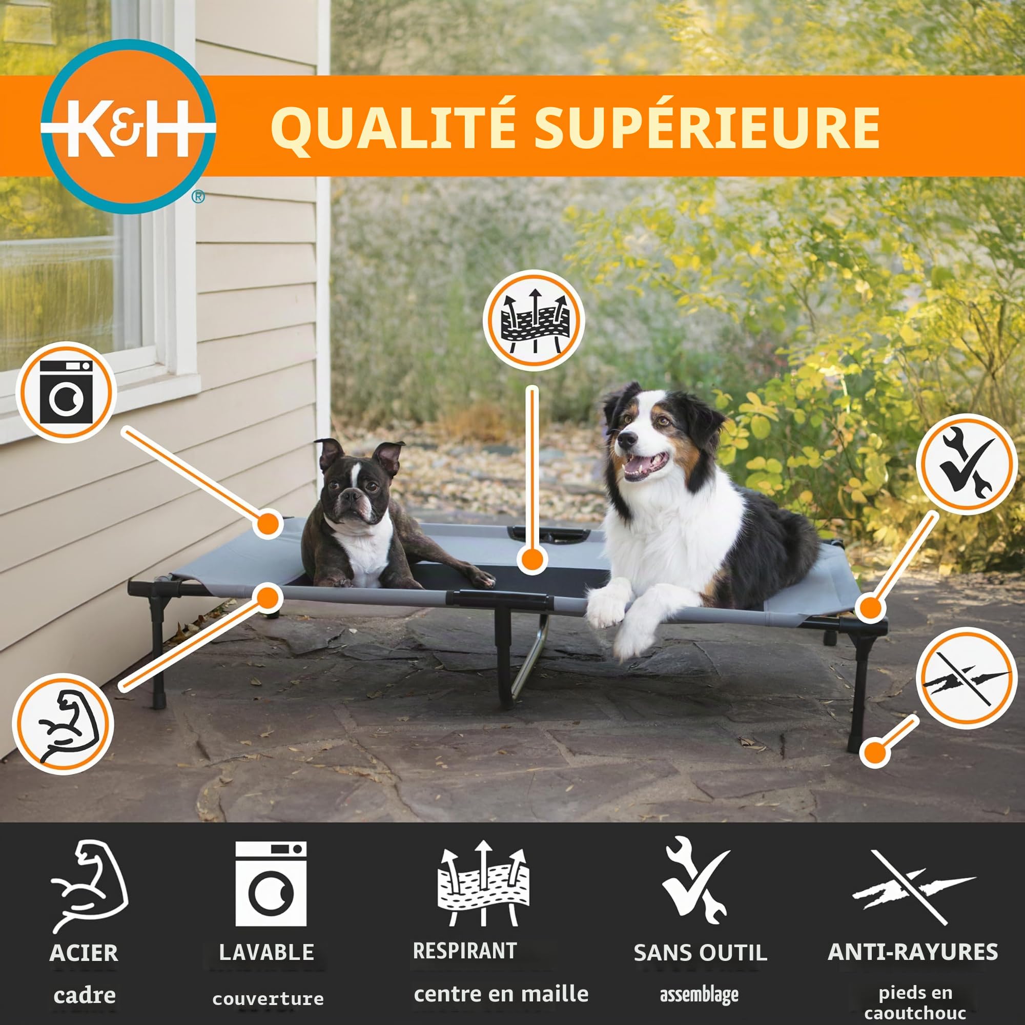 K&H Pet Products Lit surélevé, rafraîchissant pour Chiens, avec Maille Respirante Lavable, Pieds en Caoutchouc antidérapant, lit Portable pour intérieur et extérieur, Maille Gris/Noir, Taille XL