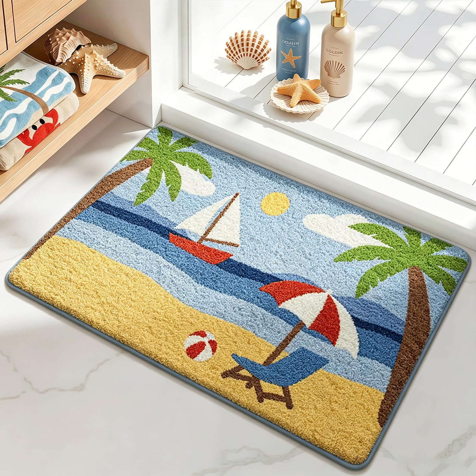 AVEKI Fun Beach Theme Bath Mat, Soft Non-Slip Plush Bathroom Rug, Ultra Absorbent Microfiber Shaggy Doormat, Machine Washable Playful Ocean Decor Rug 20x31 Inch (Coconut Tree) — image 1