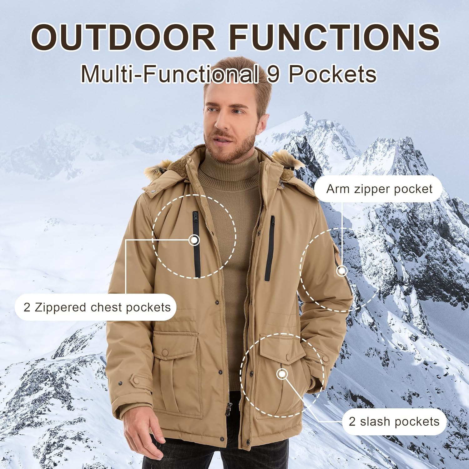 CHEXPEL Mens Winter Jacket Puffy Parka Coat Water Repellent Windproof Warm Thicken Fleece Lined Work Outwear - Image 5