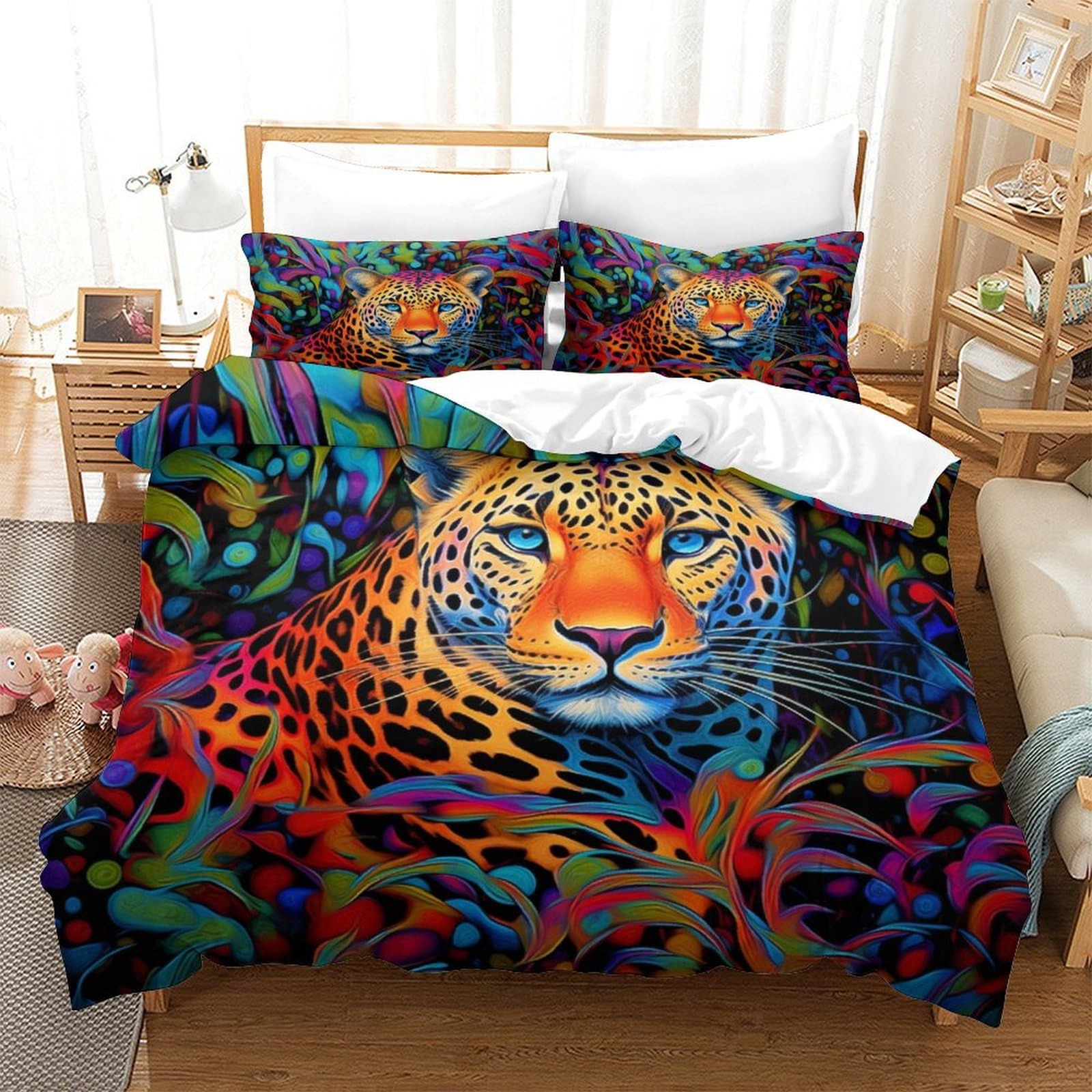 P1S9U7W5Y Colourful Leopard 3D Printed 3pcs Microfiber Duvet Cover Set Leopard Bedding Double