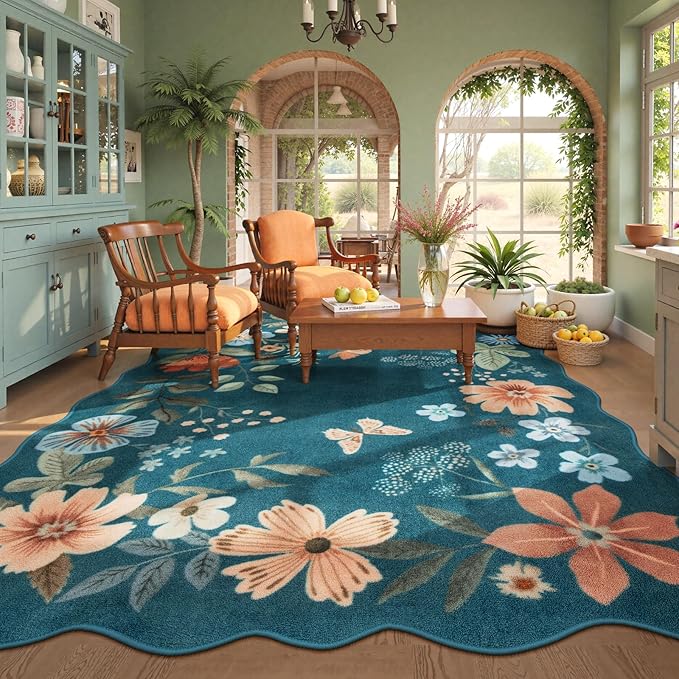 Lahome Floral Washable Rugs 8x10, Non-Slip Soft Green Rug Stain Resistant, Ultra-Thin 8x10 Rugs for Living Room Easy Clean Boho Accent Carpet for Dining Room Office Flore (8x10ft,Green)
