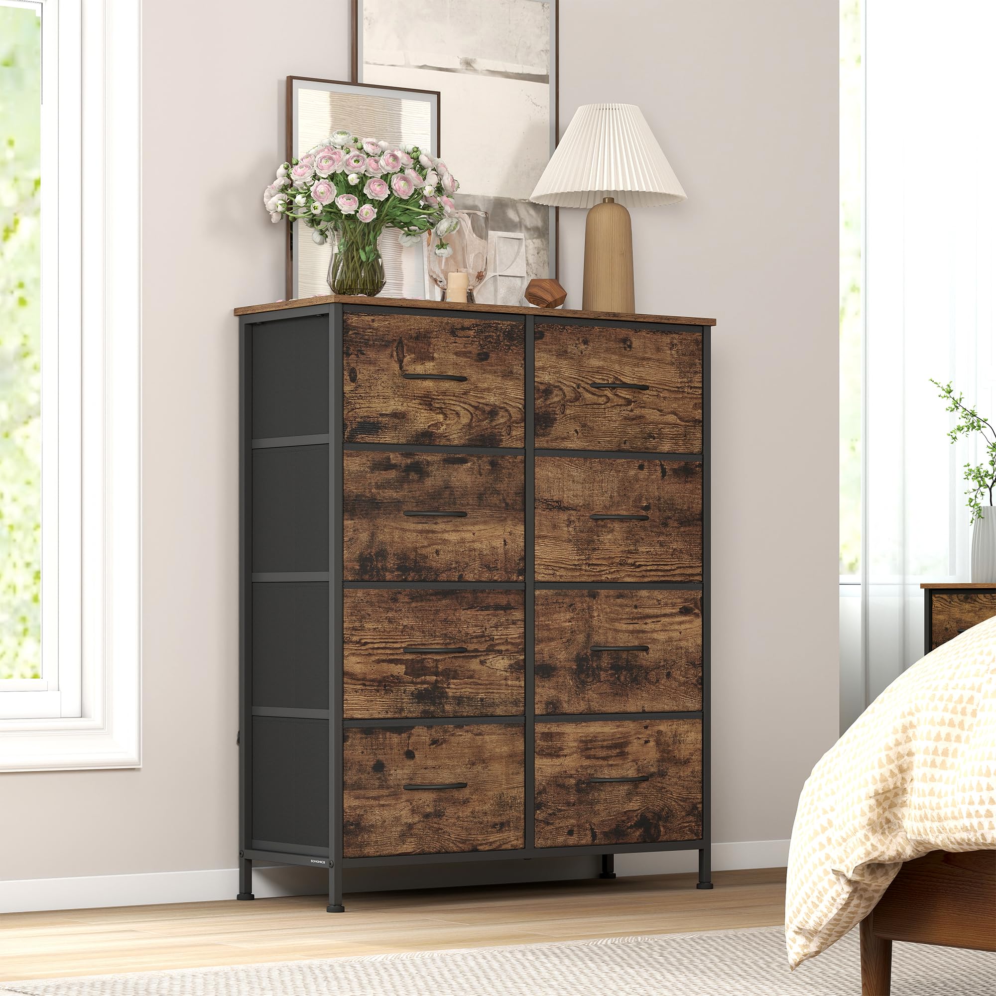 SONGMICS Chest of Drawers, 8 Fabric Drawers Storage Unit, Steel, MDF, Non-Woven Fabric, for Bedroom, Closet, Hallway, Living Room, Rustic Brown and Ink Black LGS124BH04