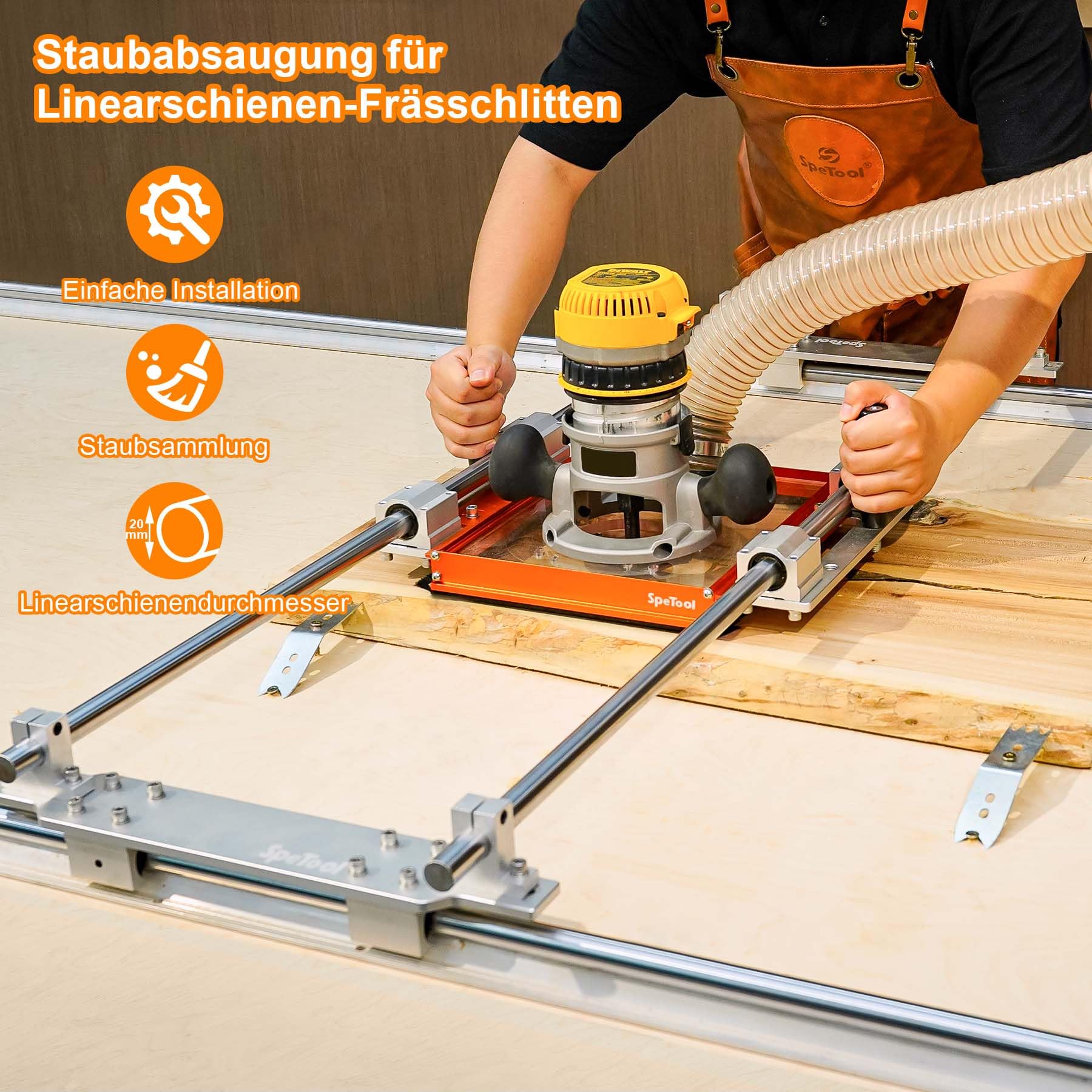 SpeTool Staubabsaugsystem für Linearschienenschlitten mit Gleitadapterplatte für SBR20UU- und SCS20UU-Schienen. 2,5-Zoll-Staubanschluss. Vorgebohrte Acrylplatte für die meisten Oberfräsen.